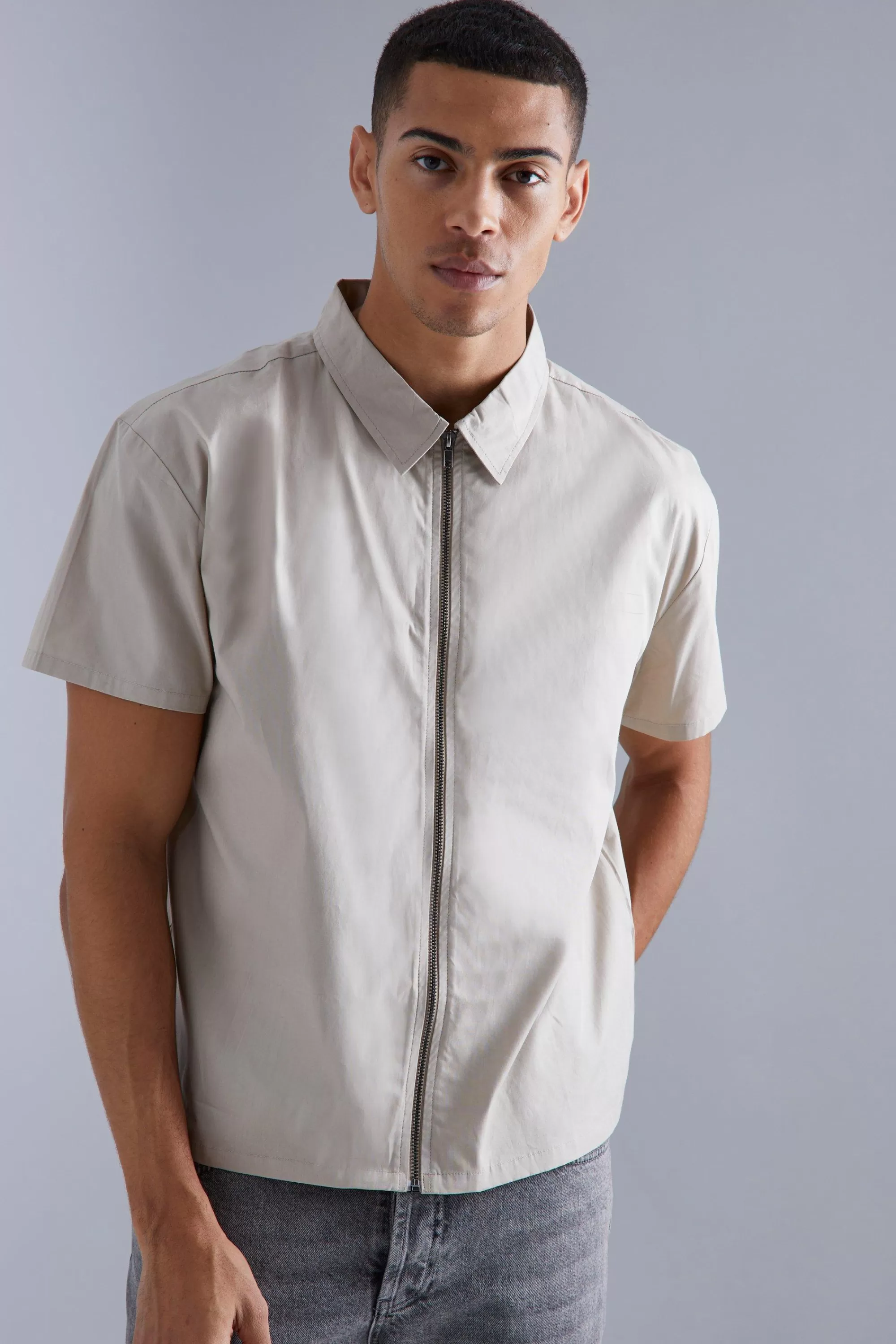 boohooMAN Short Sleeve Boxy Zip Shirt | UK