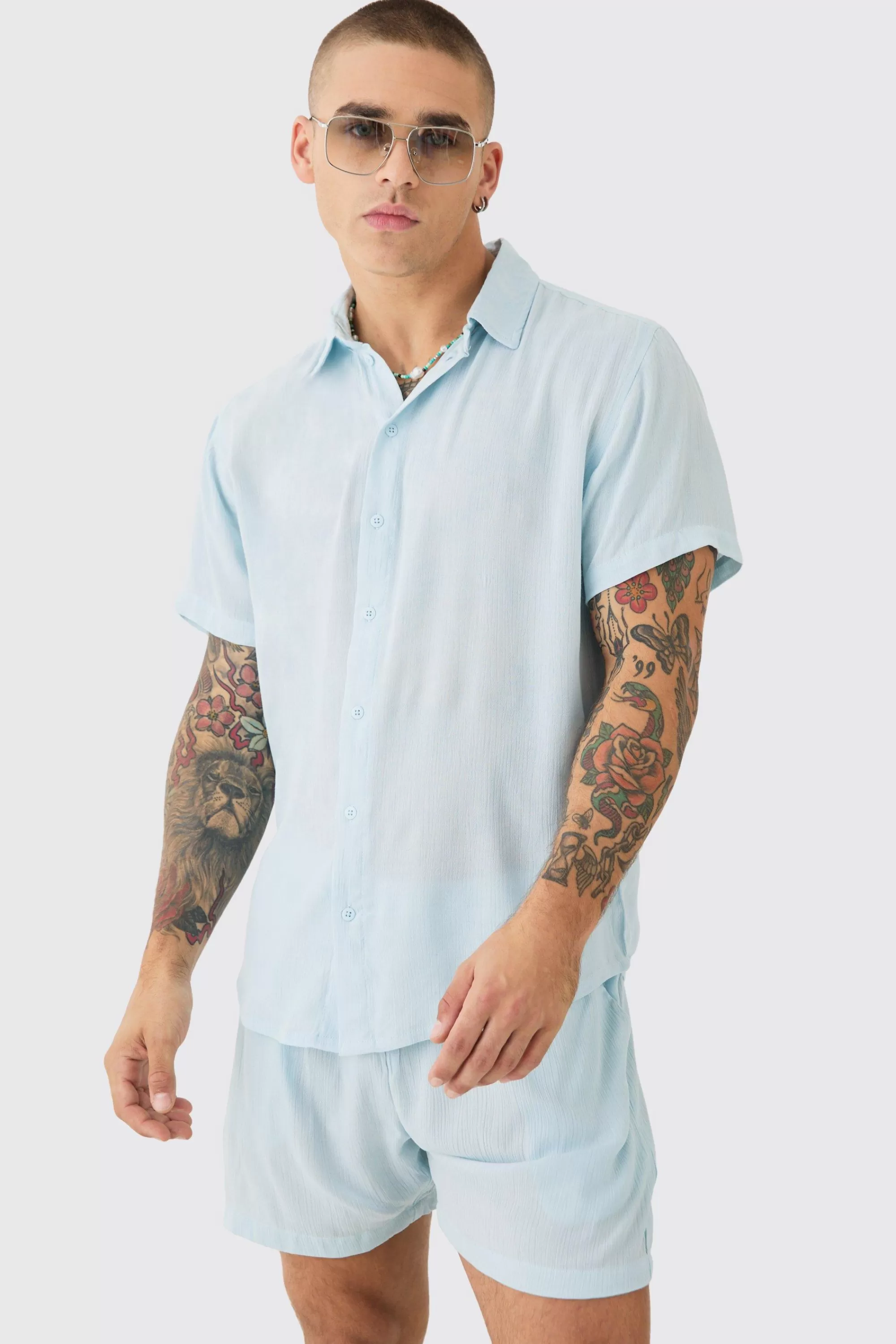 boohooMAN Short Sleeve Cheese Cloth Shirt And Short Set | UK