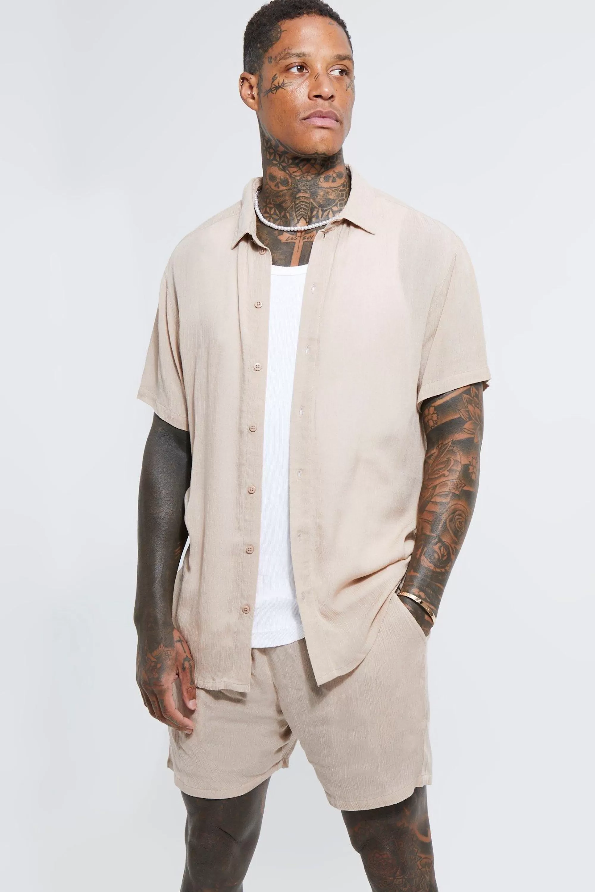boohooMAN Short Sleeve Cheese Cloth Shirt And Short Set | UK
