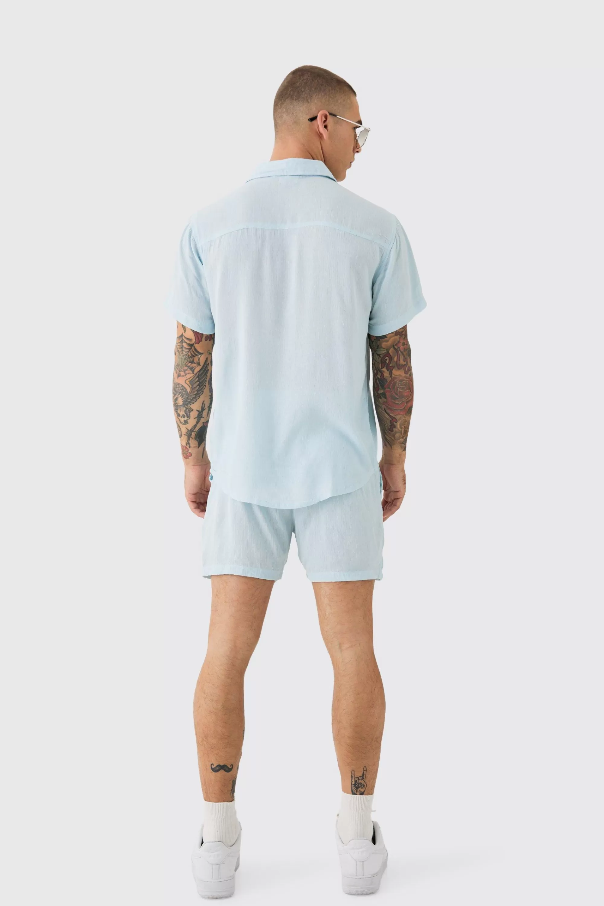 boohooMAN Short Sleeve Cheese Cloth Shirt And Short Set | UK