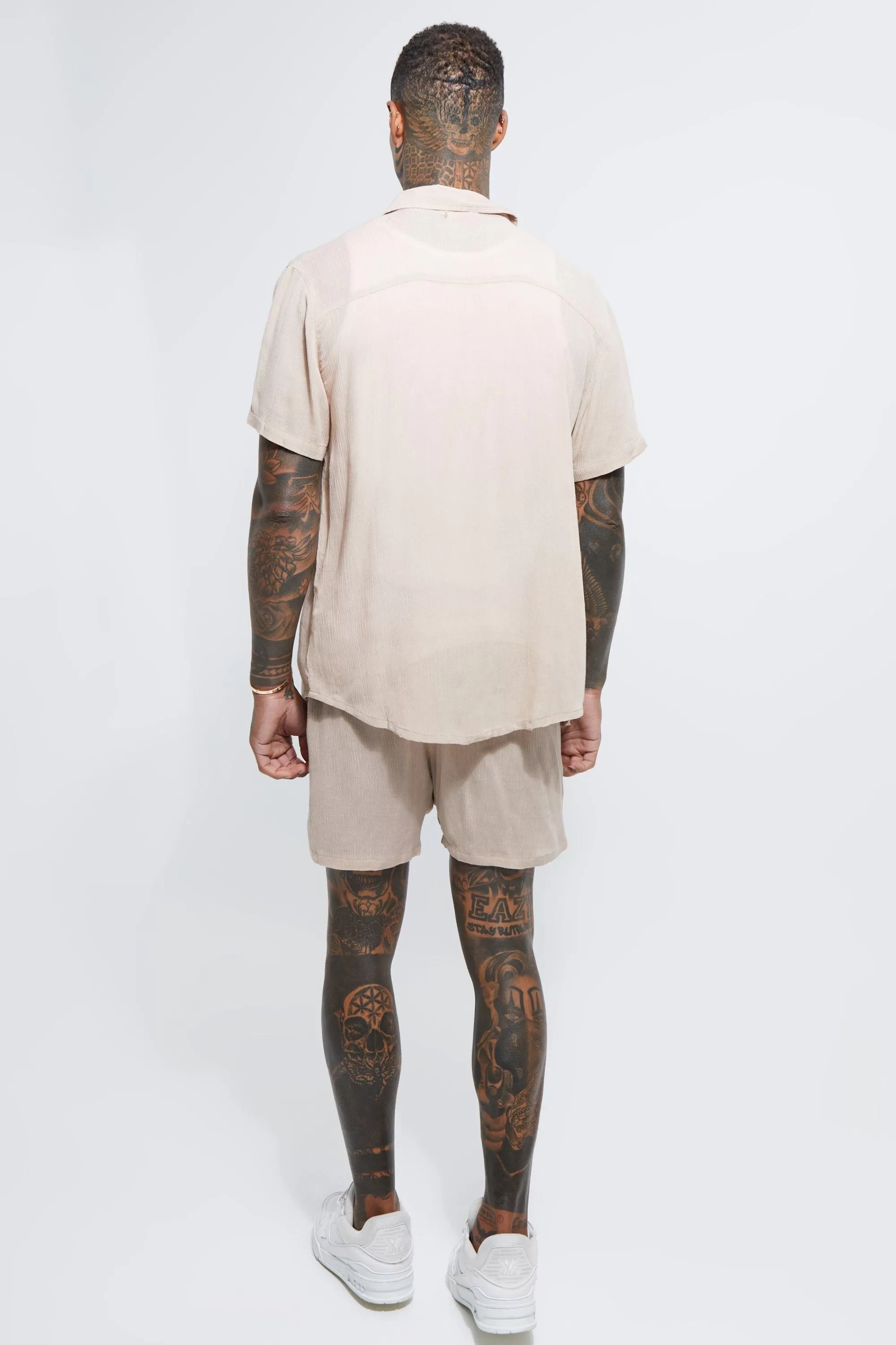 boohooMAN Short Sleeve Cheese Cloth Shirt And Short Set | UK