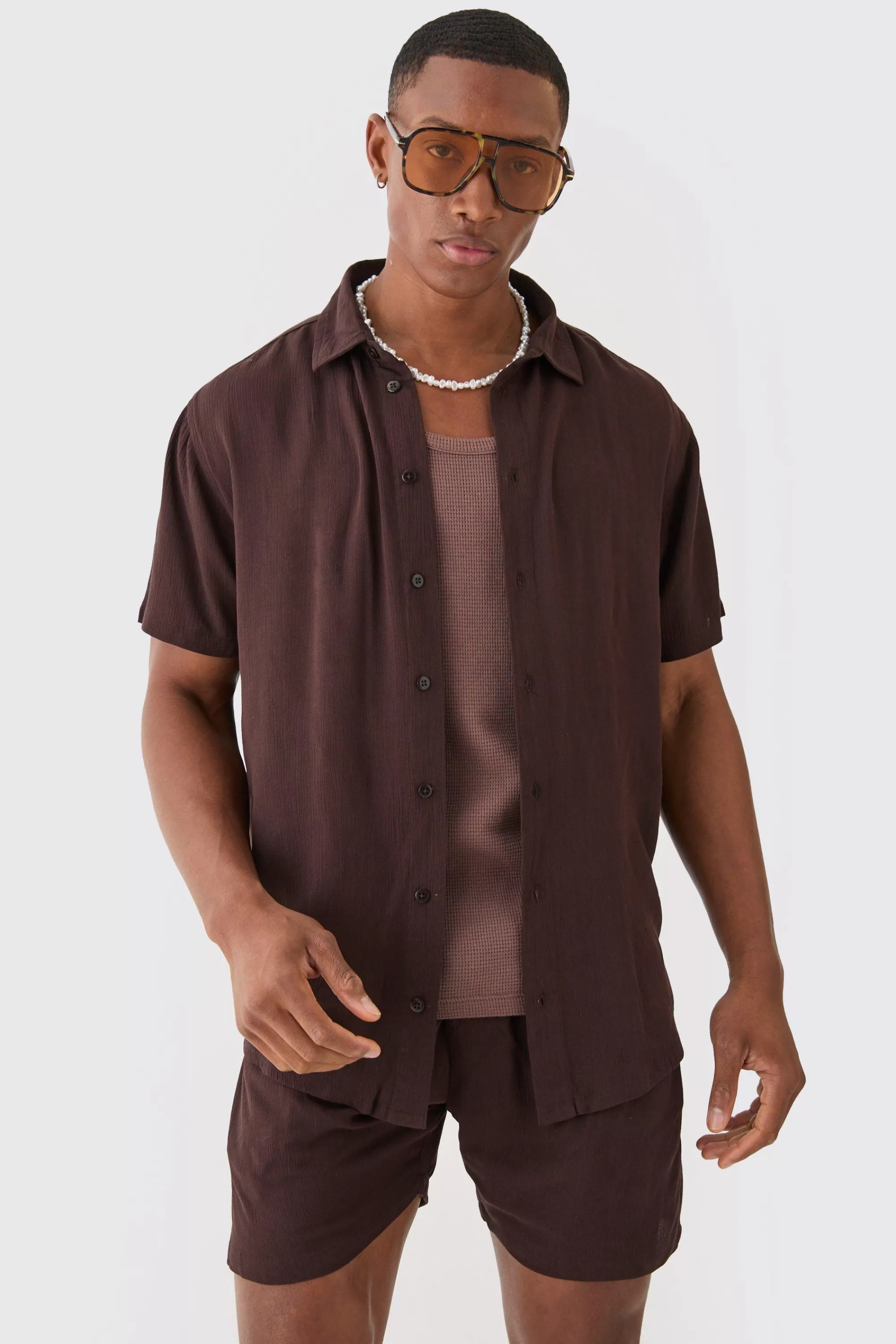 boohooMAN Short Sleeve Cheese Cloth Shirt And Short Set | UK