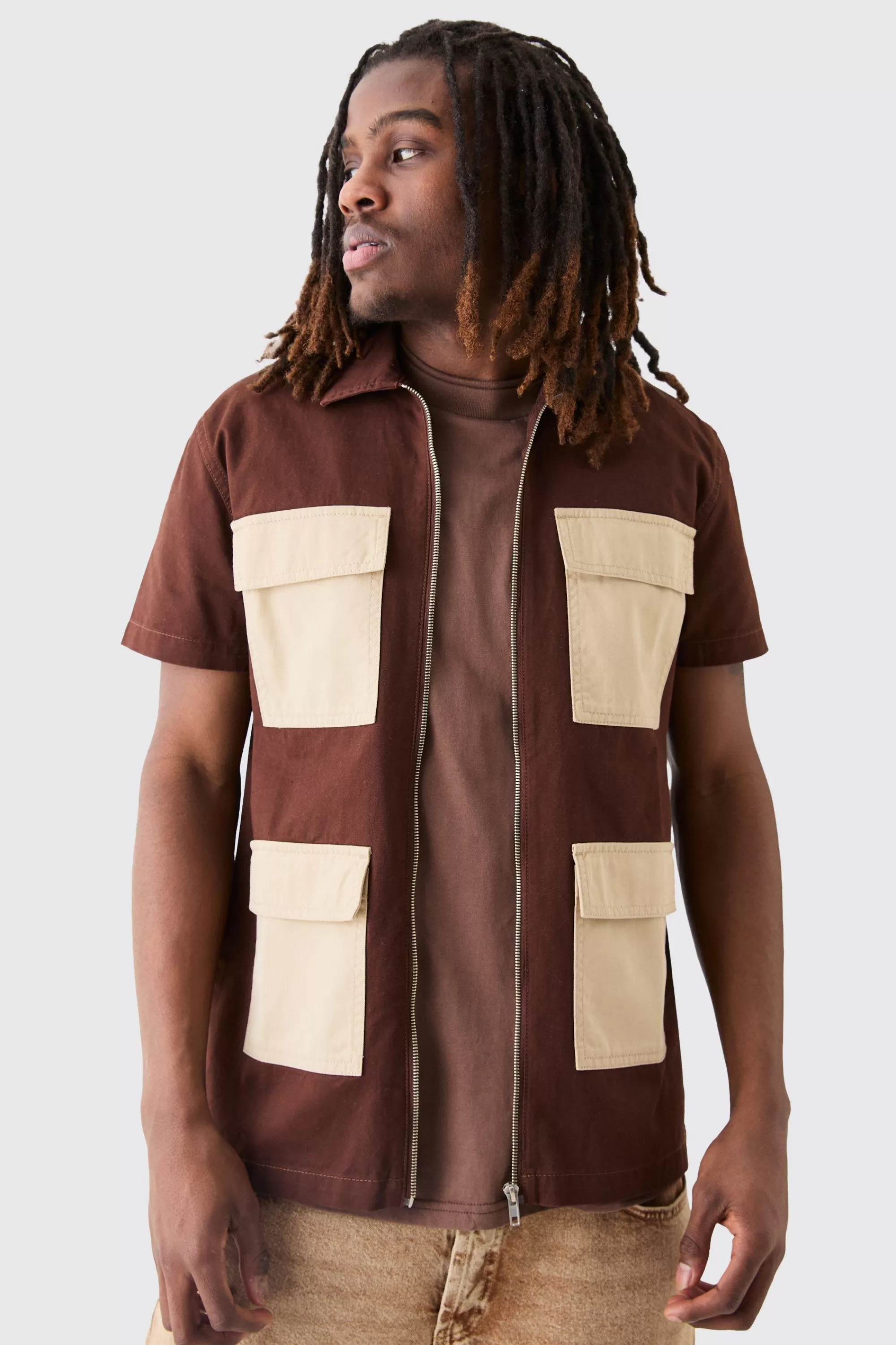 boohooMAN Short Sleeve Contrast Pocket Twill Shirt | UK