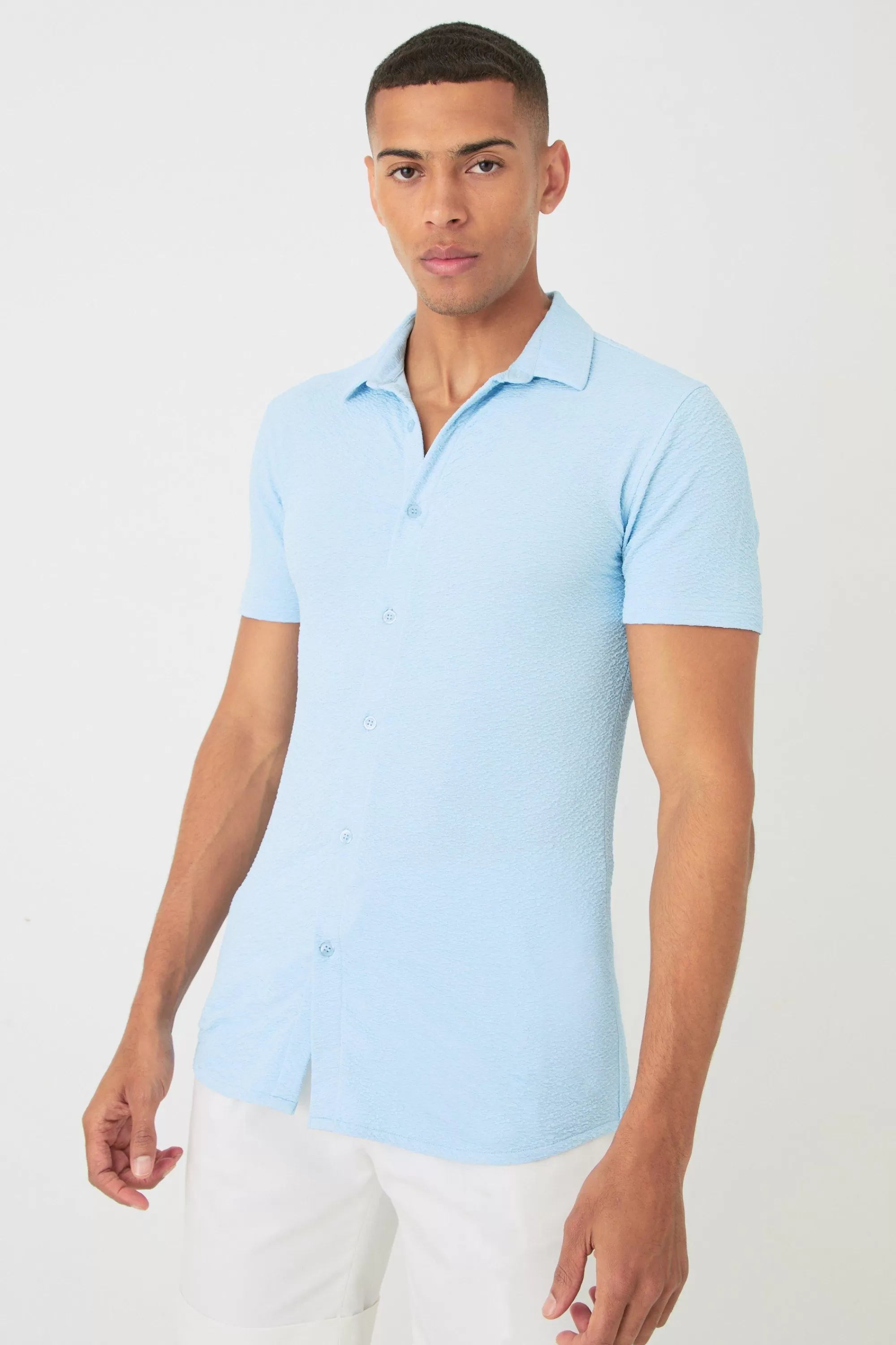 boohooMAN Short Sleeve Crinkle Muscle Fit Shirt | UK