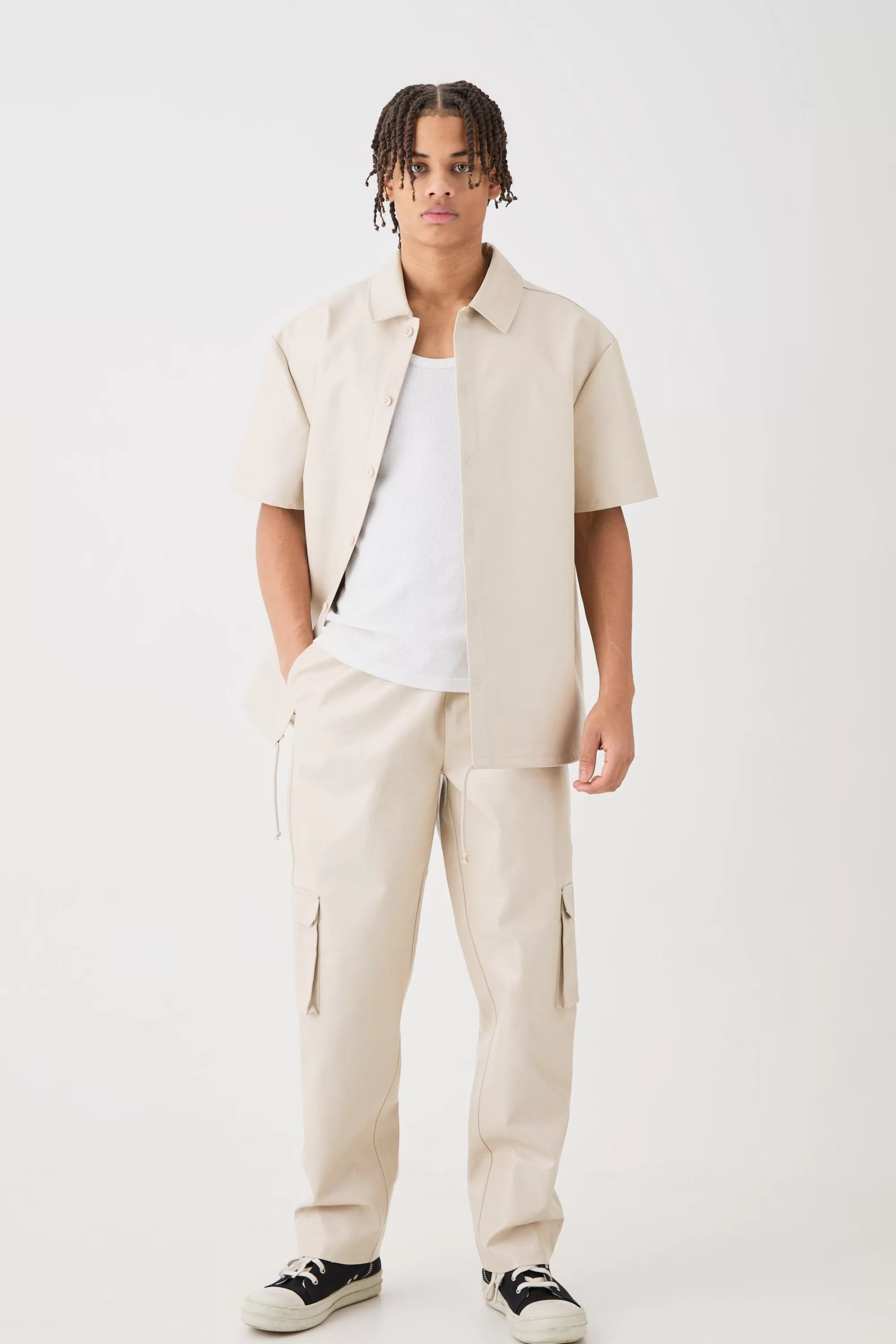 boohooMAN Short Sleeve Drop Shoulder Pu Overshirt & Cargo Trouser Set | UK
