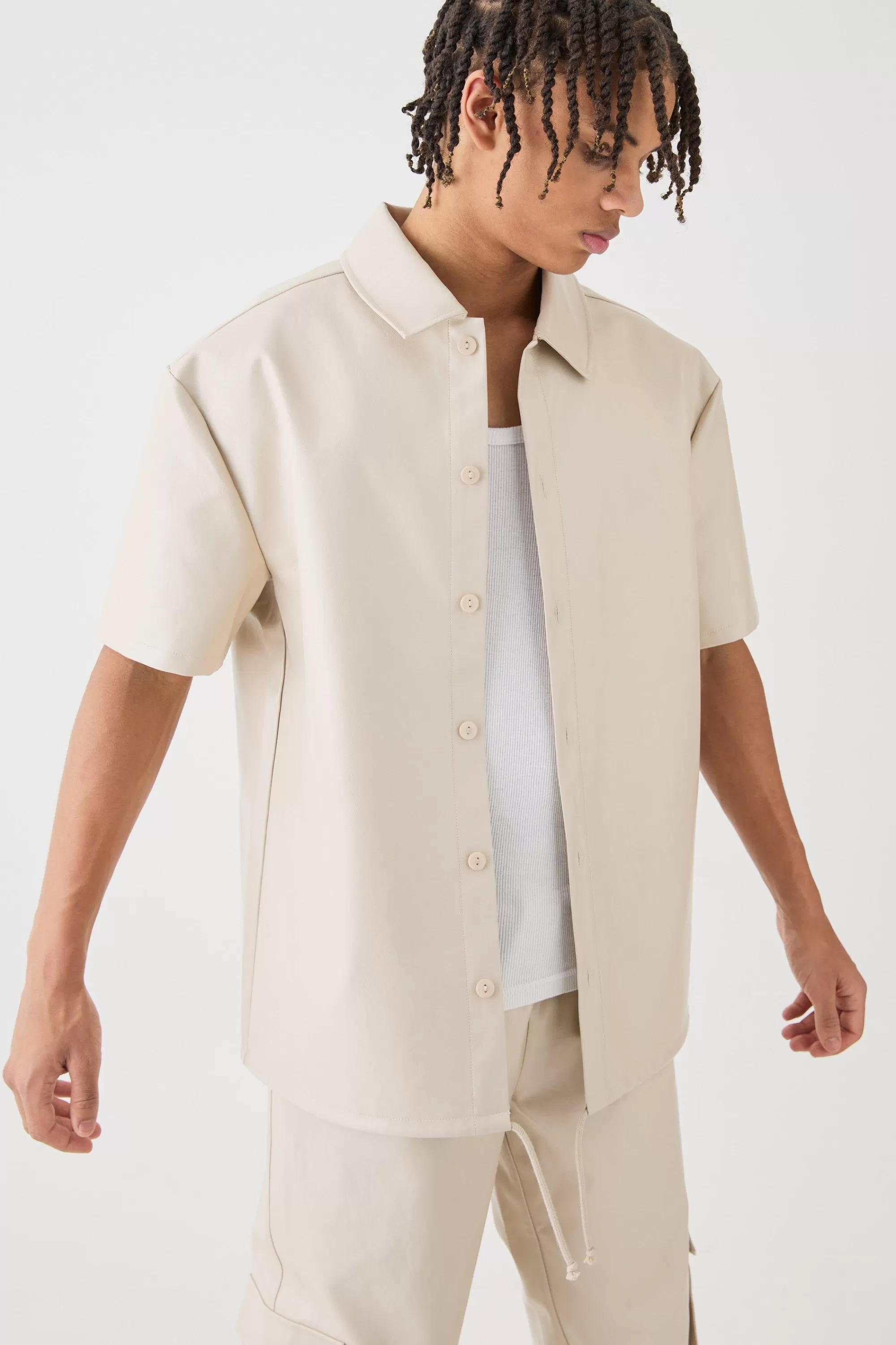 boohooMAN Short Sleeve Drop Shoulder Pu Overshirt & Cargo Trouser Set | UK