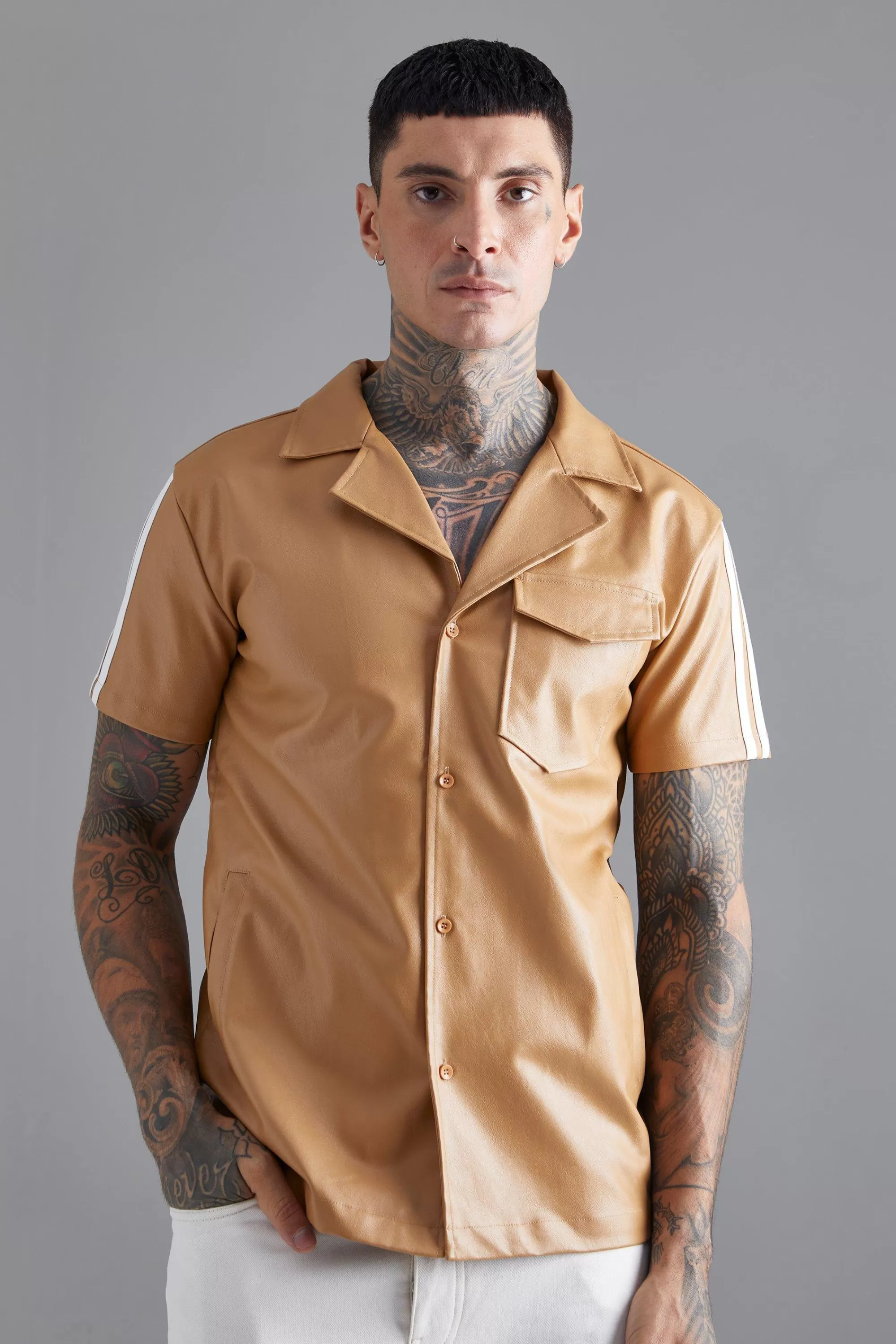 boohooMAN Short Sleeve Dropped Revere Tape Detail Shirt | UK