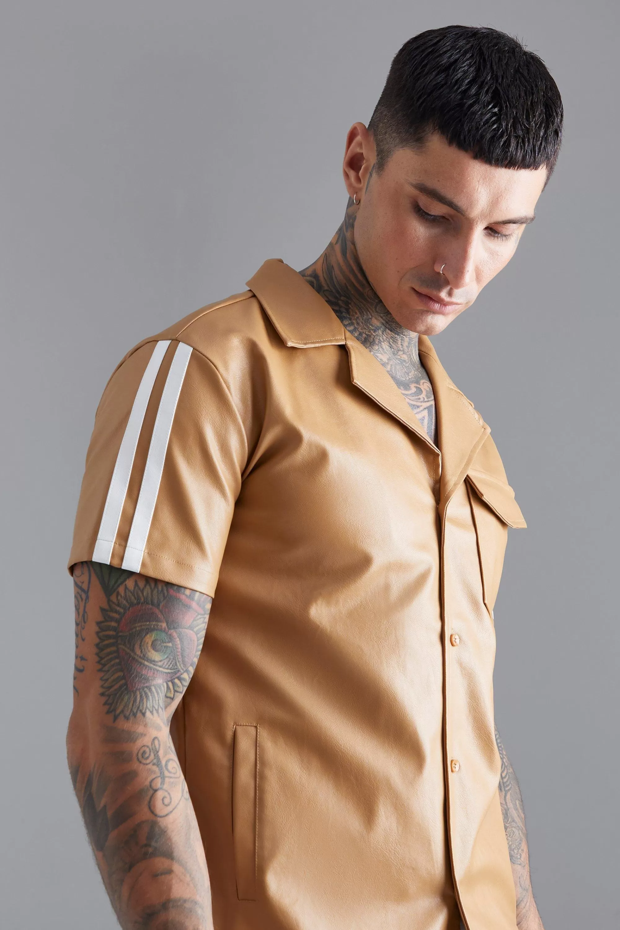 boohooMAN Short Sleeve Dropped Revere Tape Detail Shirt | UK