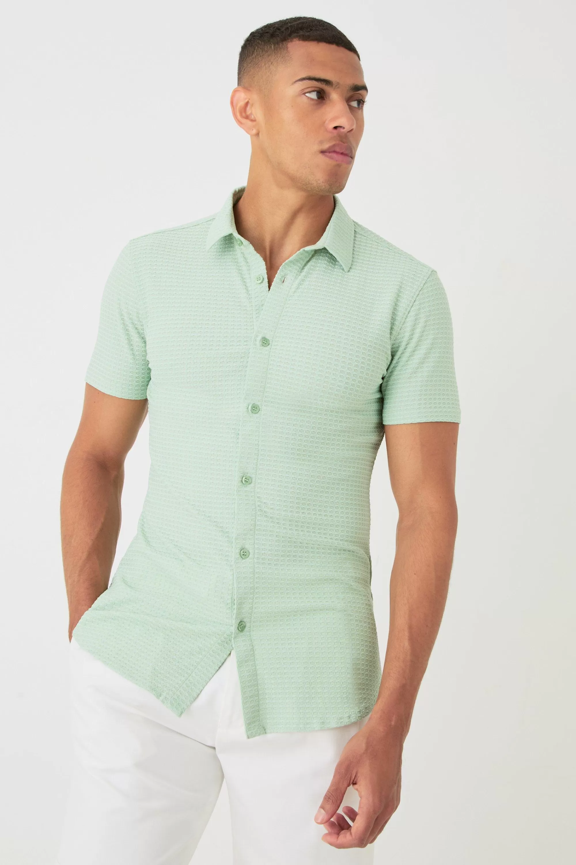 boohooMAN Short Sleeve Honeycomb Muscle Fit Shirt | UK