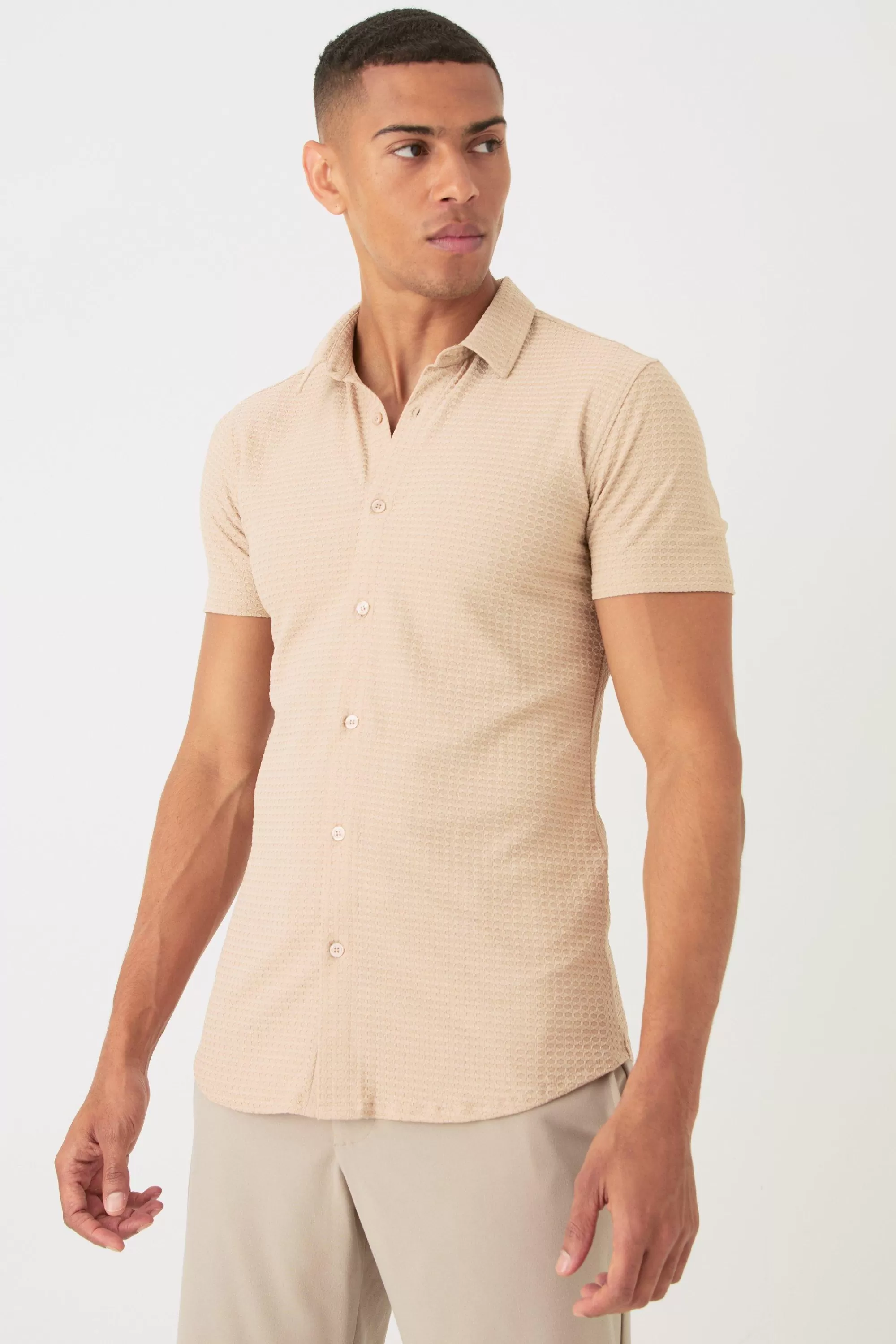 boohooMAN Short Sleeve Honeycomb Muscle Fit Shirt | UK