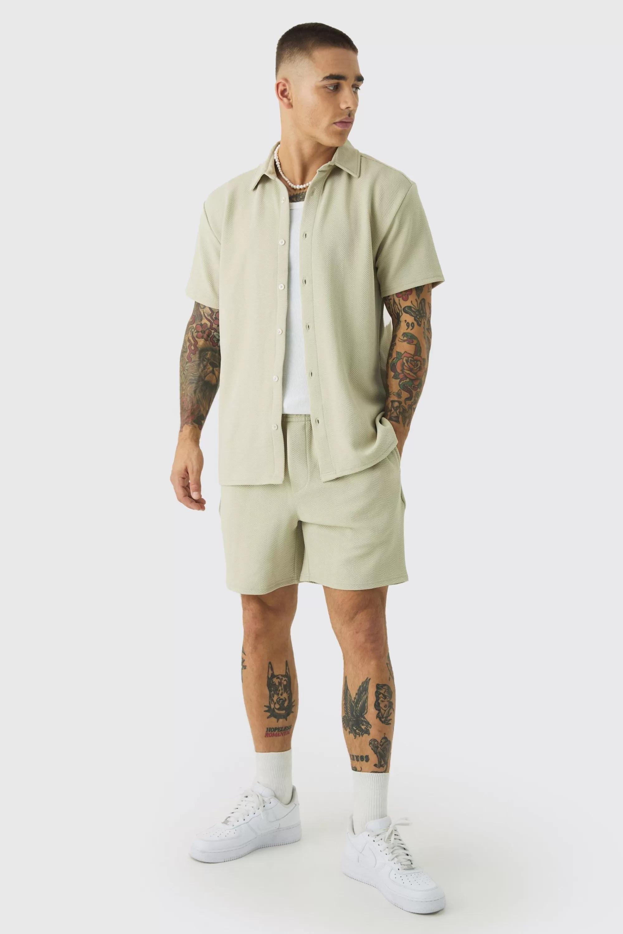 boohooMAN Short Sleeve Jersey Herringbone Shirt And Short Set | UK