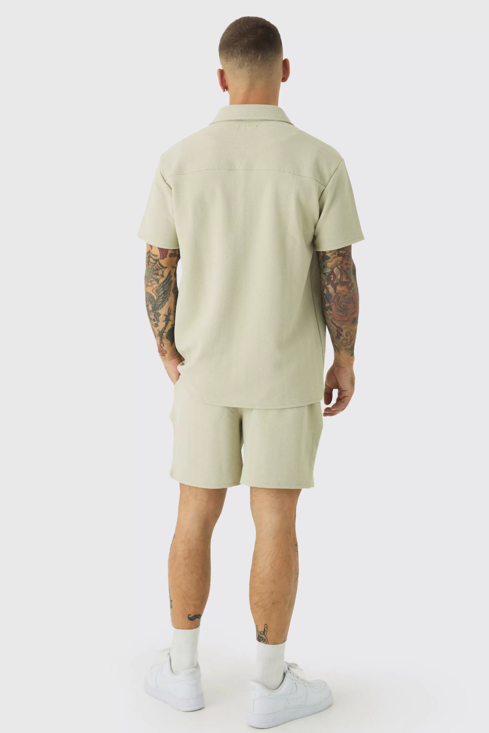 boohooMAN Short Sleeve Jersey Herringbone Shirt And Short Set | UK