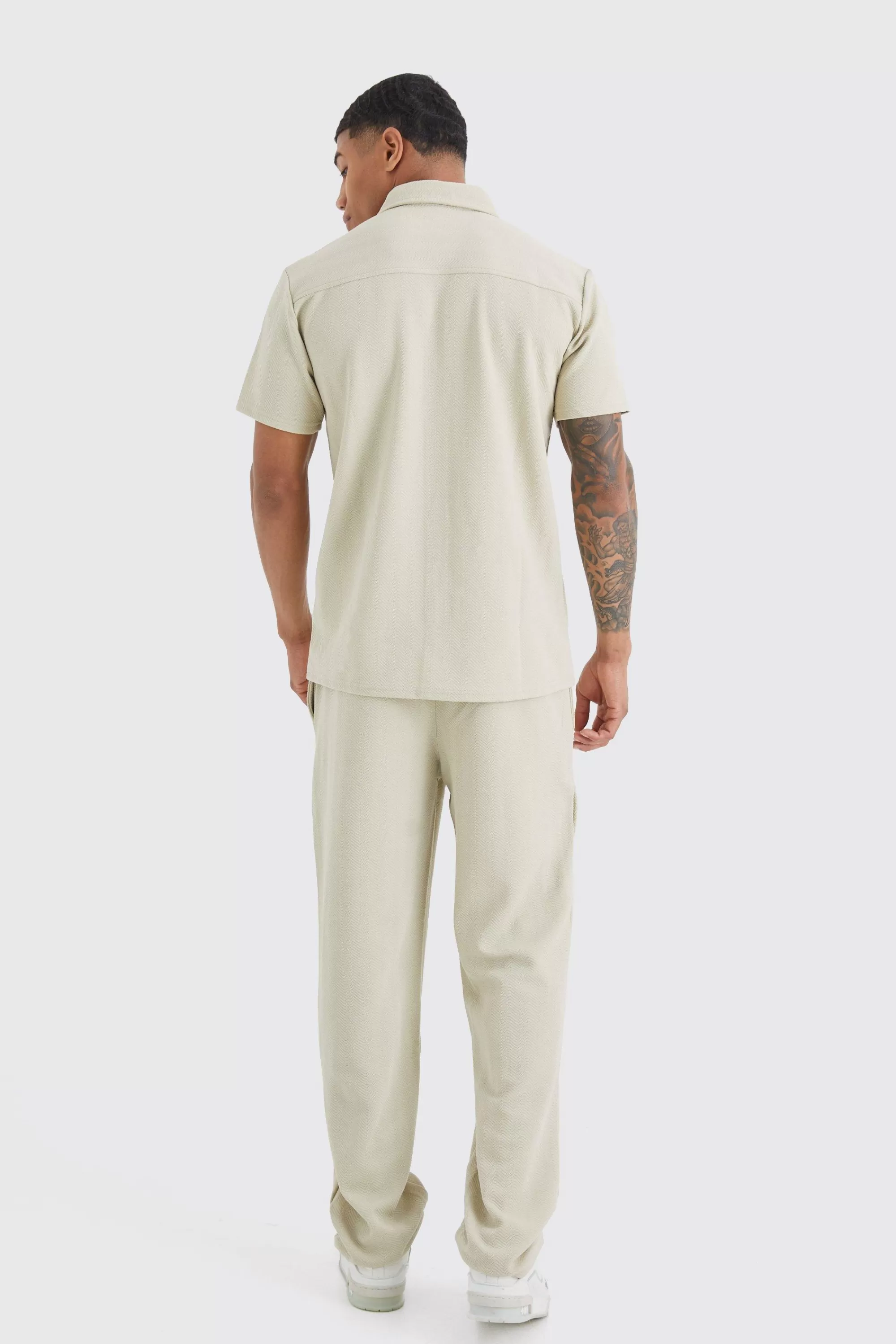 boohooMAN Short Sleeve Jersey Herringbone Shirt And Trouser Set | UK