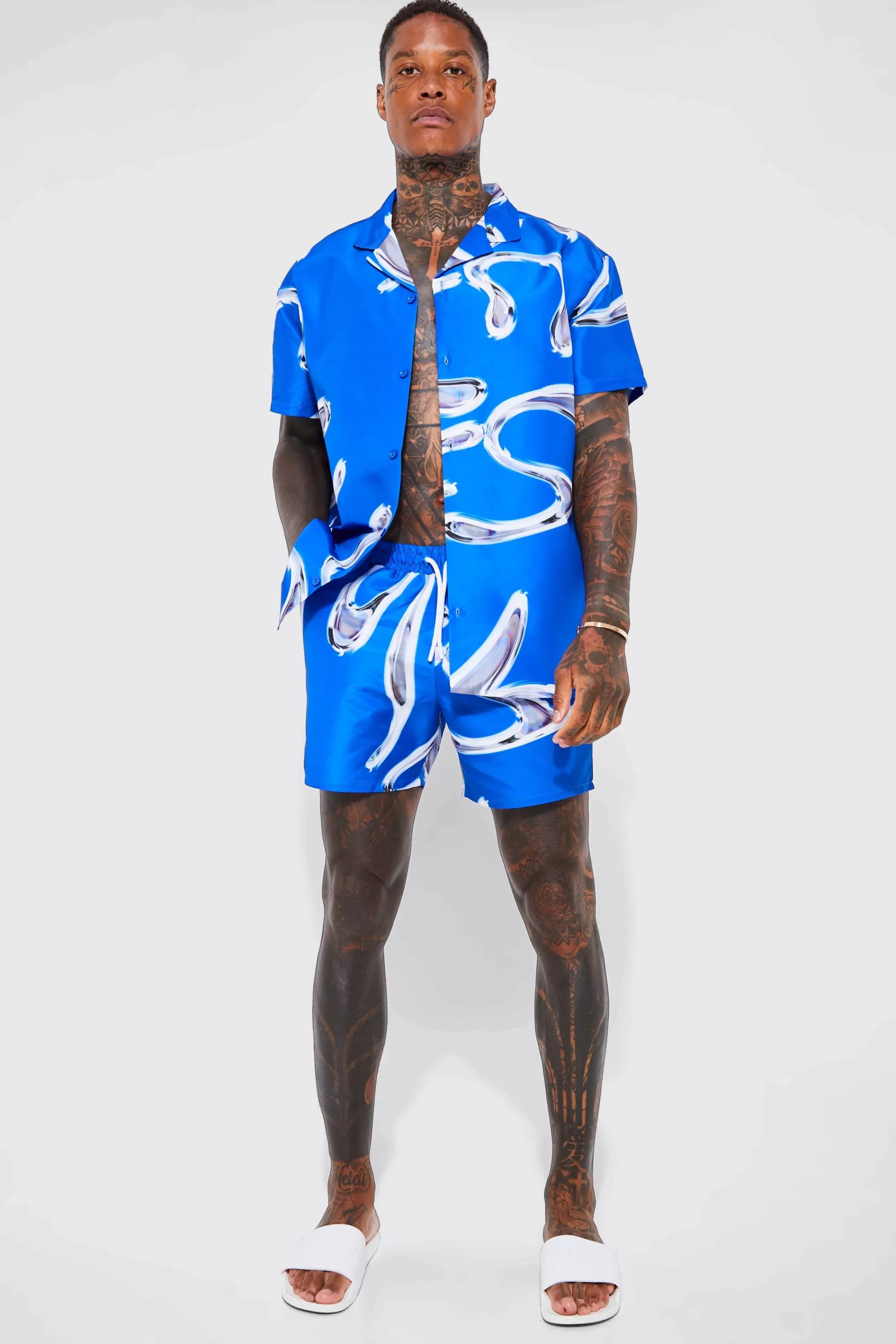 boohooMAN Short Sleeve Metallic Swirl Shirt And Swim Short | UK