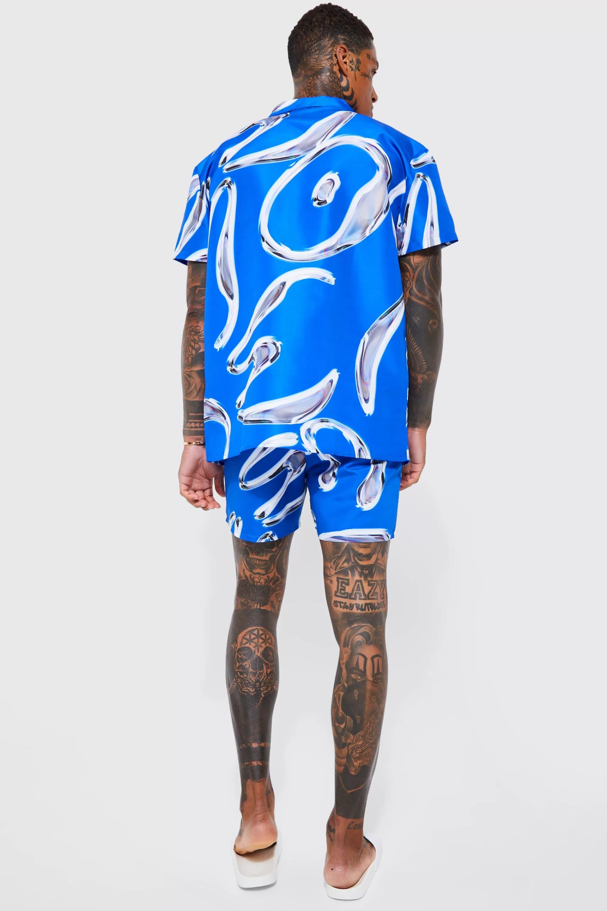 boohooMAN Short Sleeve Metallic Swirl Shirt And Swim Short | UK