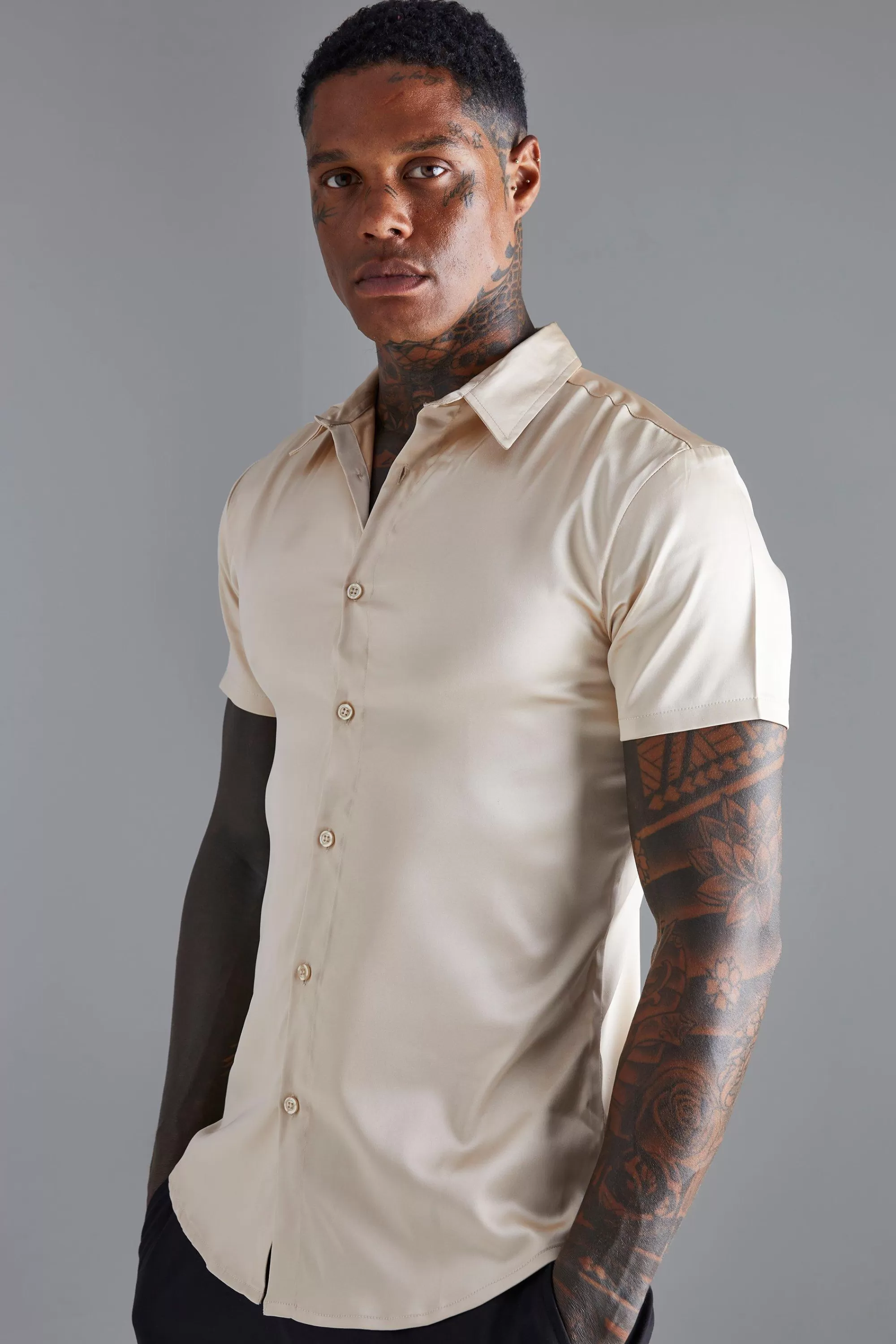 boohooMAN Short Sleeve Muscle Satin Shirt | UK