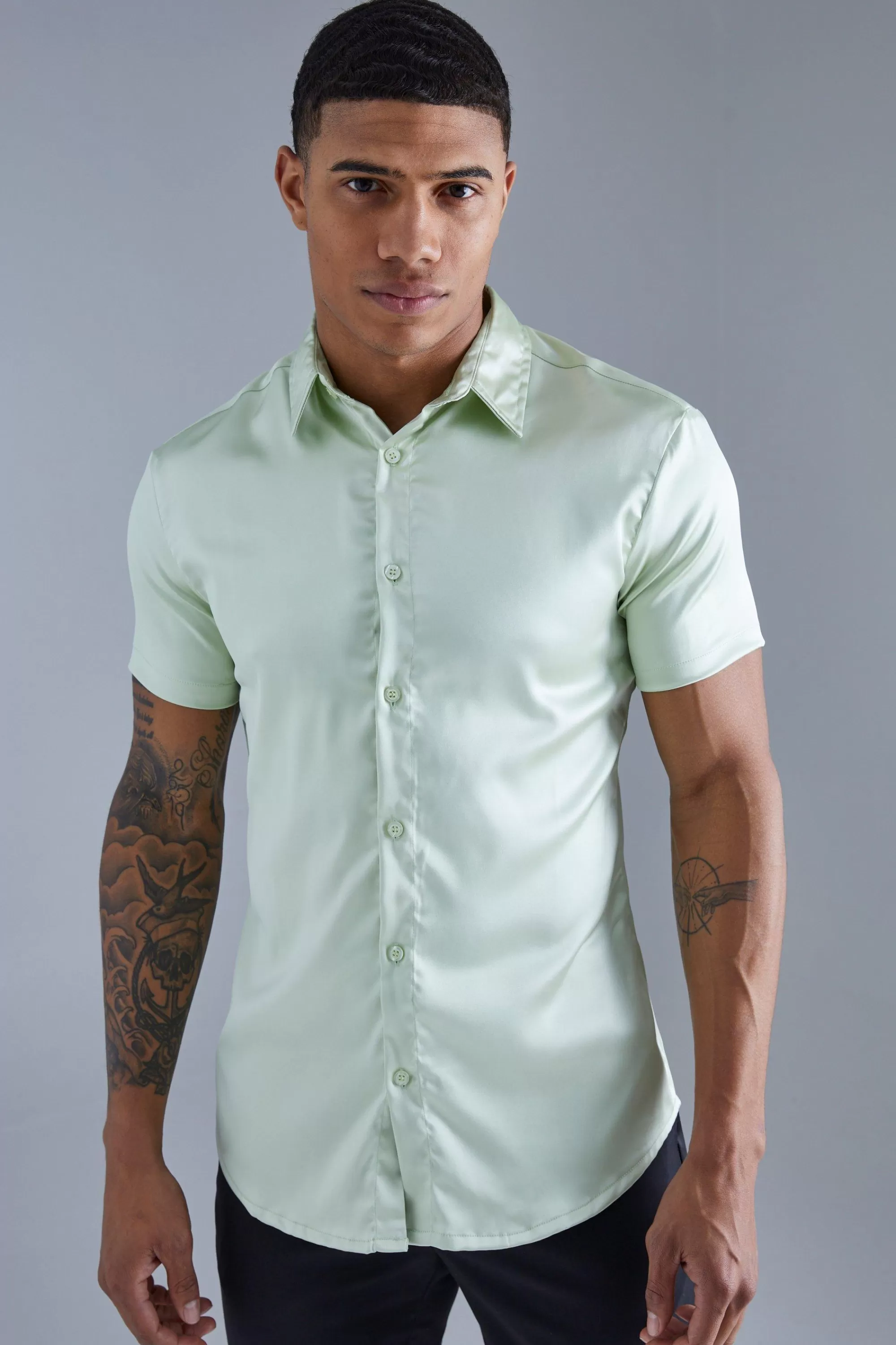 boohooMAN Short Sleeve Muscle Satin Shirt | UK