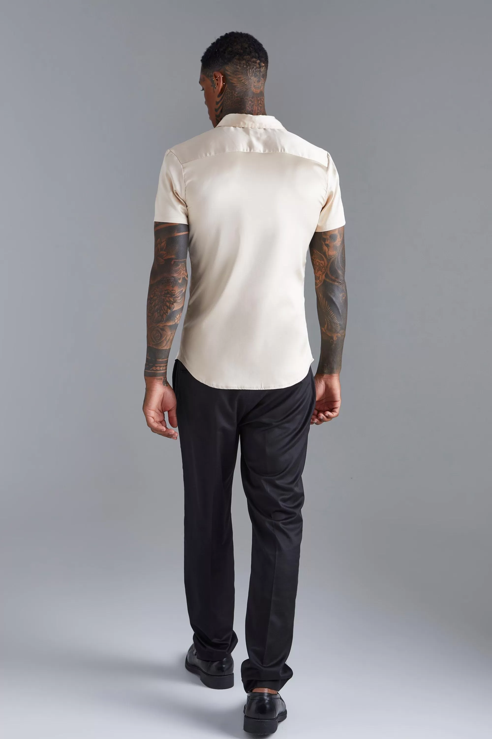 boohooMAN Short Sleeve Muscle Satin Shirt | UK