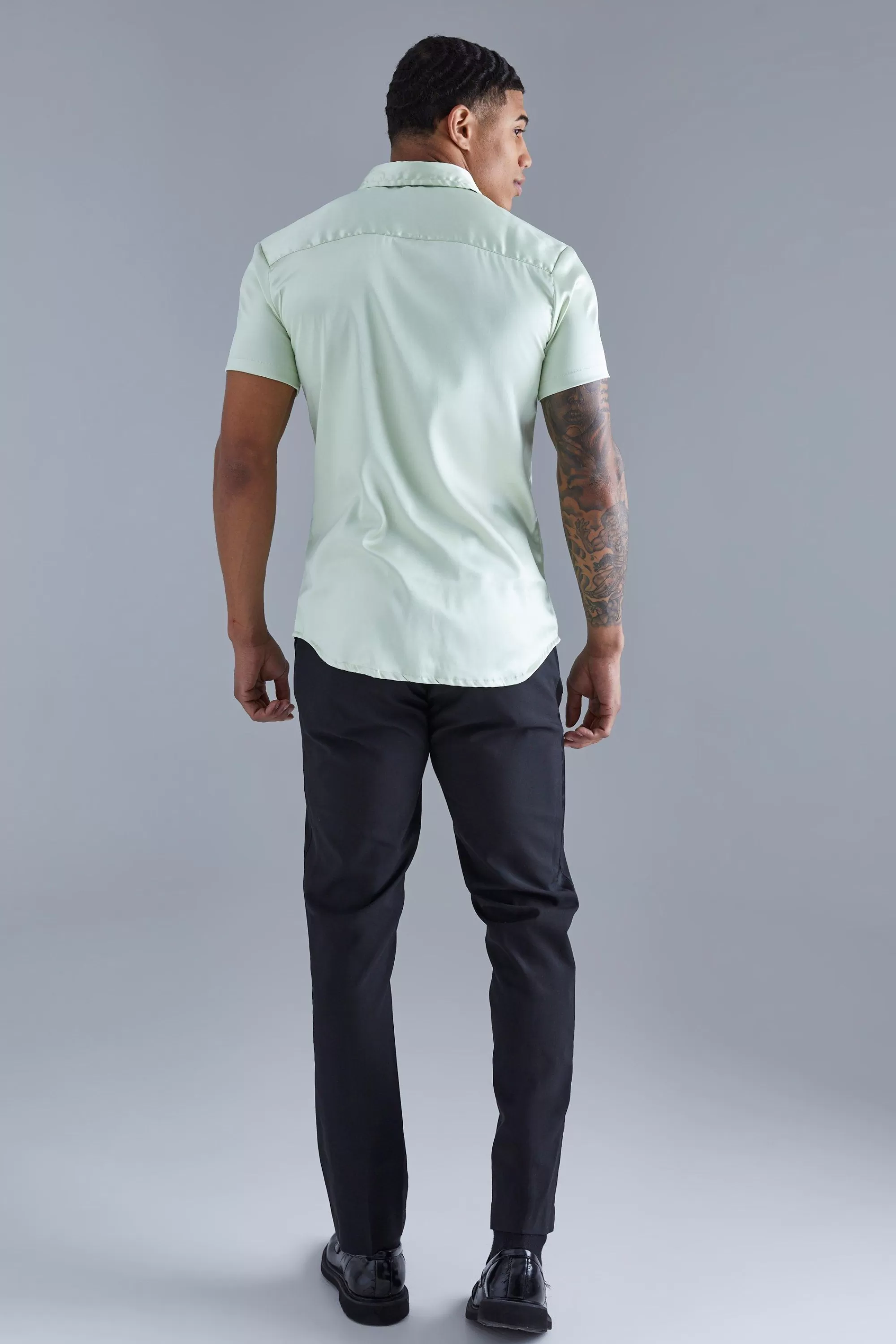 boohooMAN Short Sleeve Muscle Satin Shirt | UK