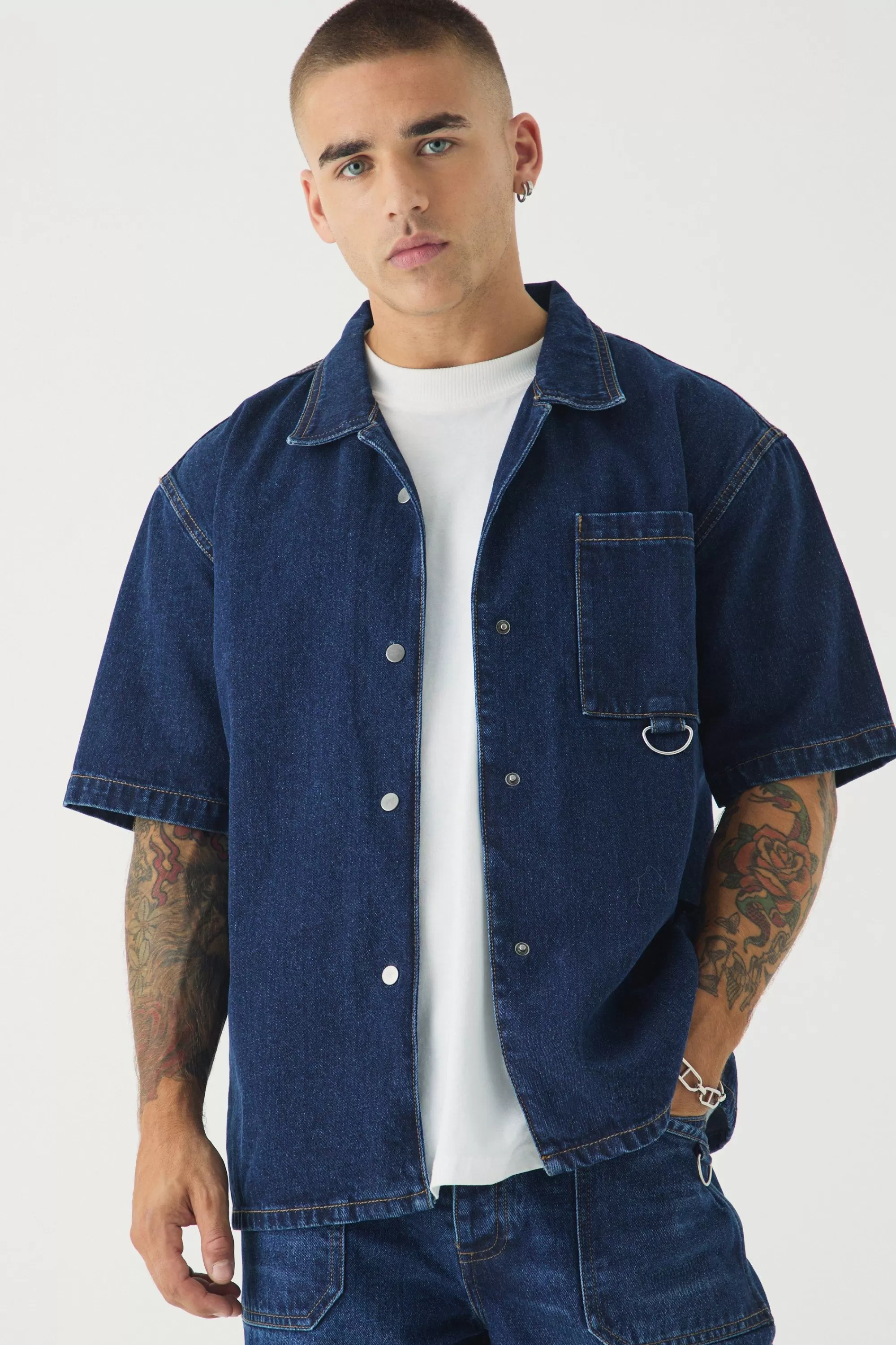 boohooMAN Short Sleeve Oversized Boxy Revere Denim Shirt | UK