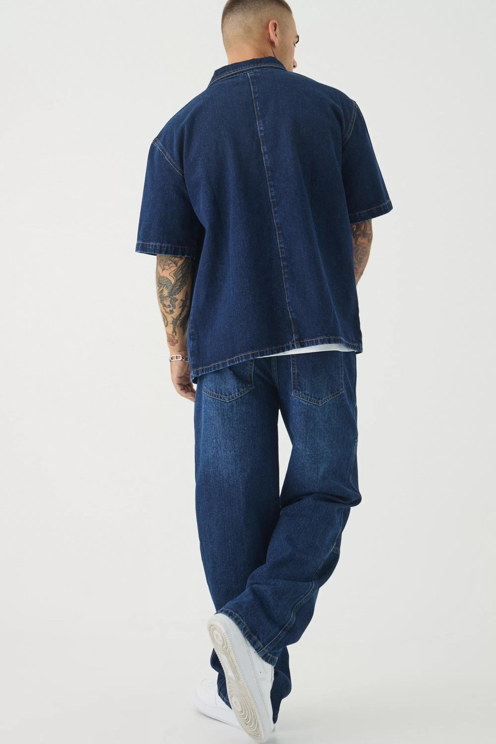 boohooMAN Short Sleeve Oversized Boxy Revere Denim Shirt | UK