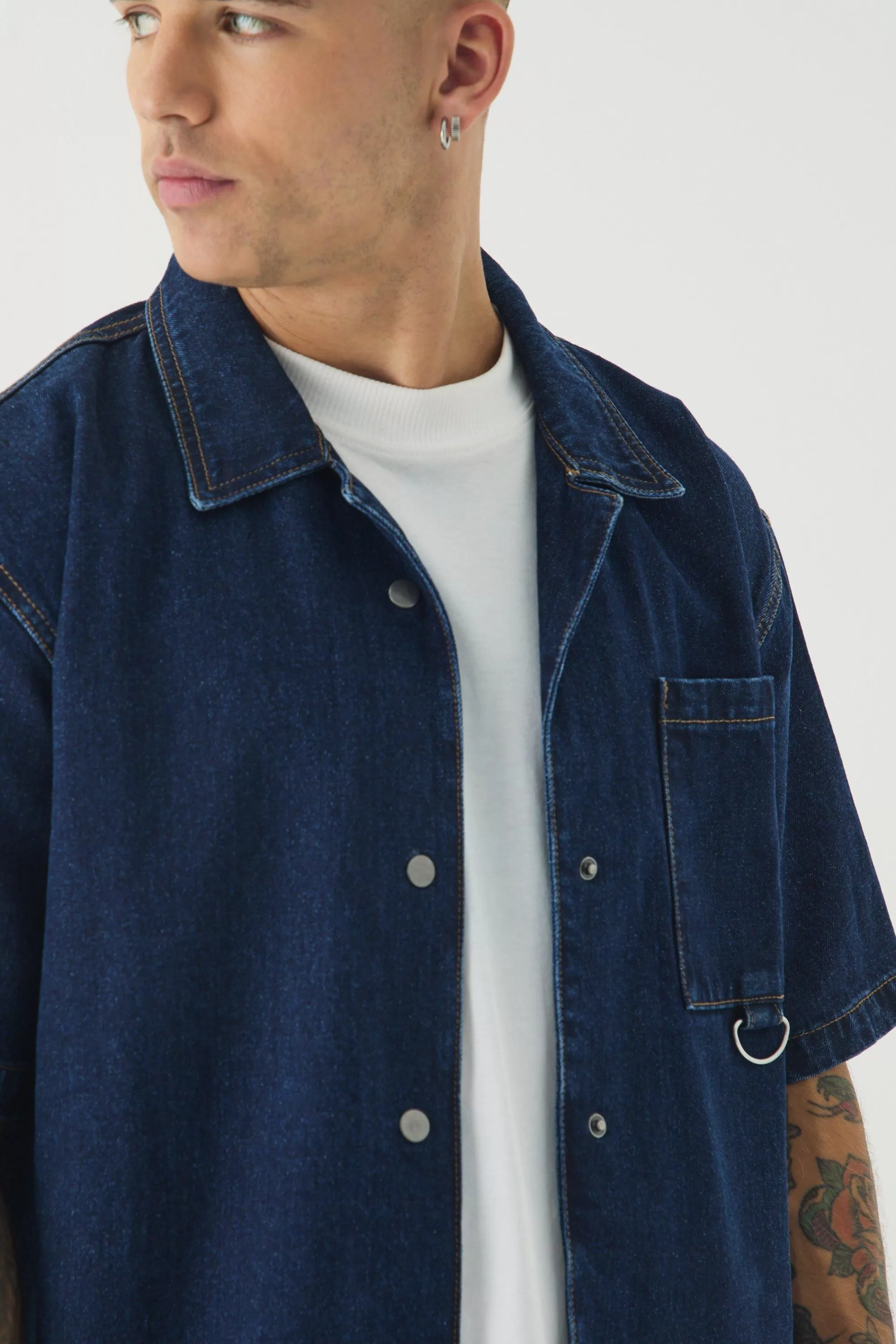 boohooMAN Short Sleeve Oversized Boxy Revere Denim Shirt | UK