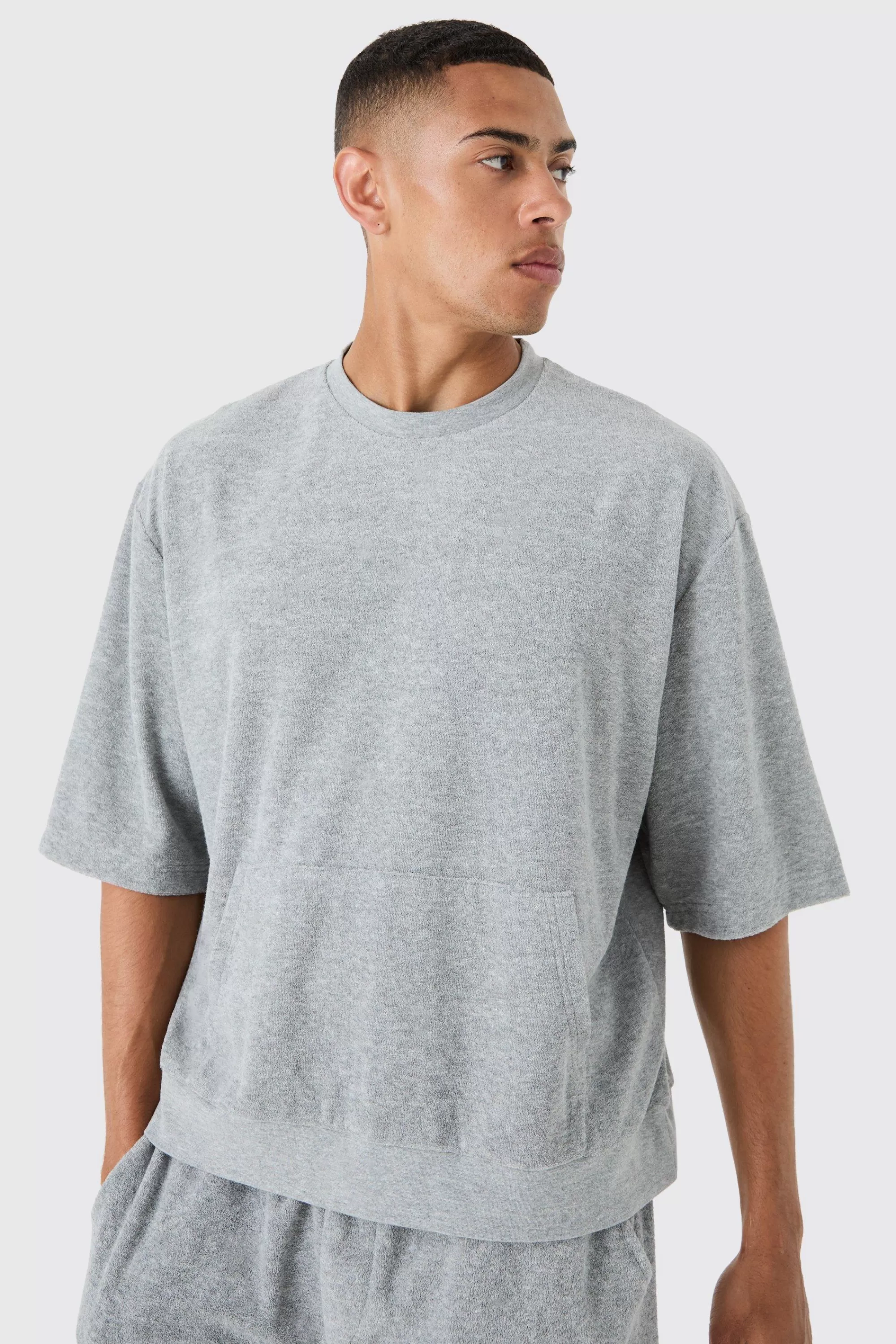 boohooMAN Short Sleeve Oversized Boxy Towelling Sweatshirt | UK