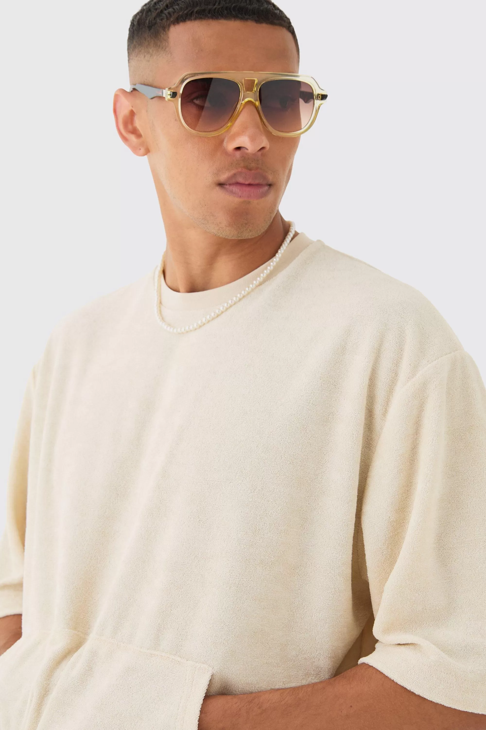 boohooMAN Short Sleeve Oversized Boxy Towelling Sweatshirt | UK