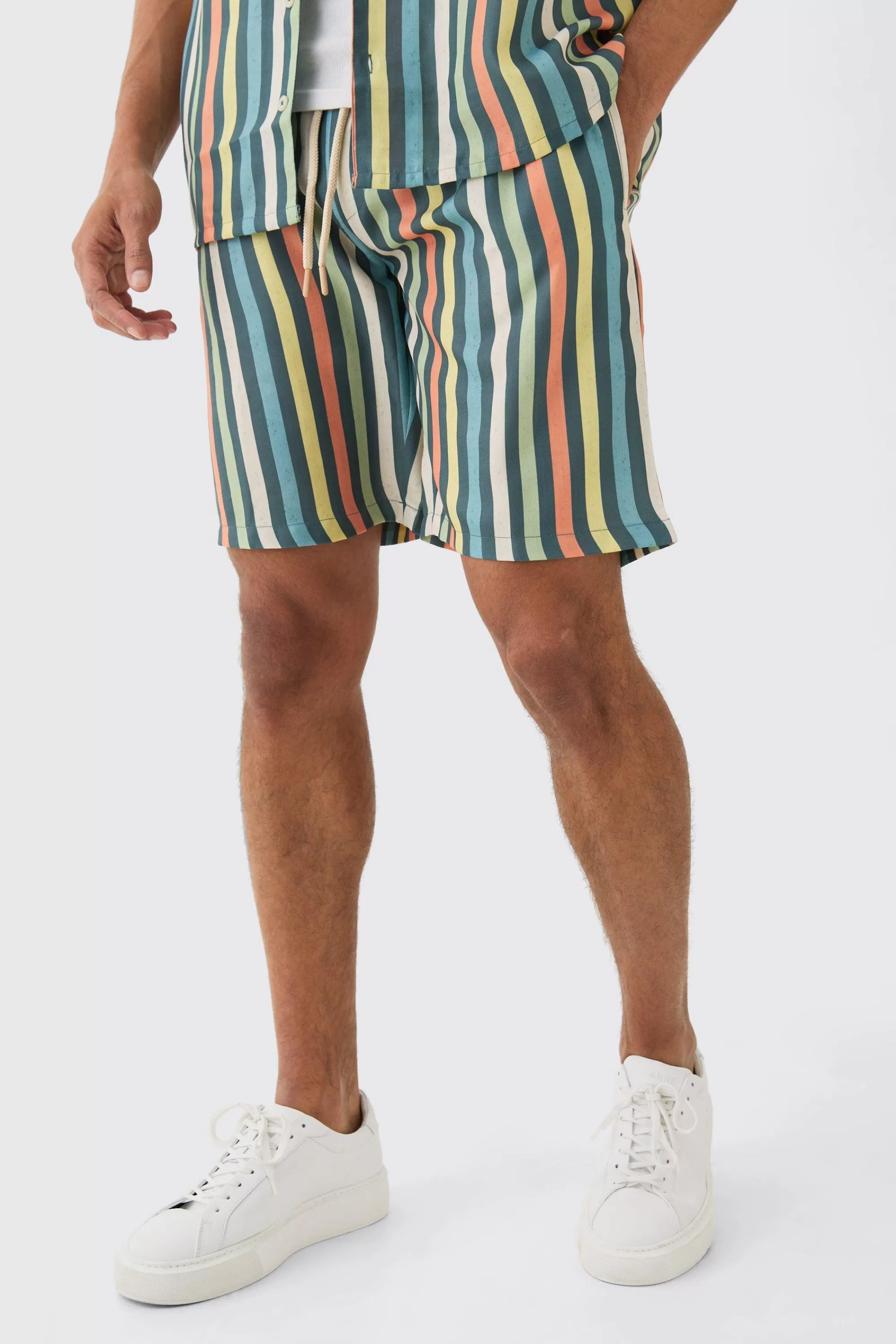 boohooMAN Short Sleeve Oversized Revere Stripe Set | UK