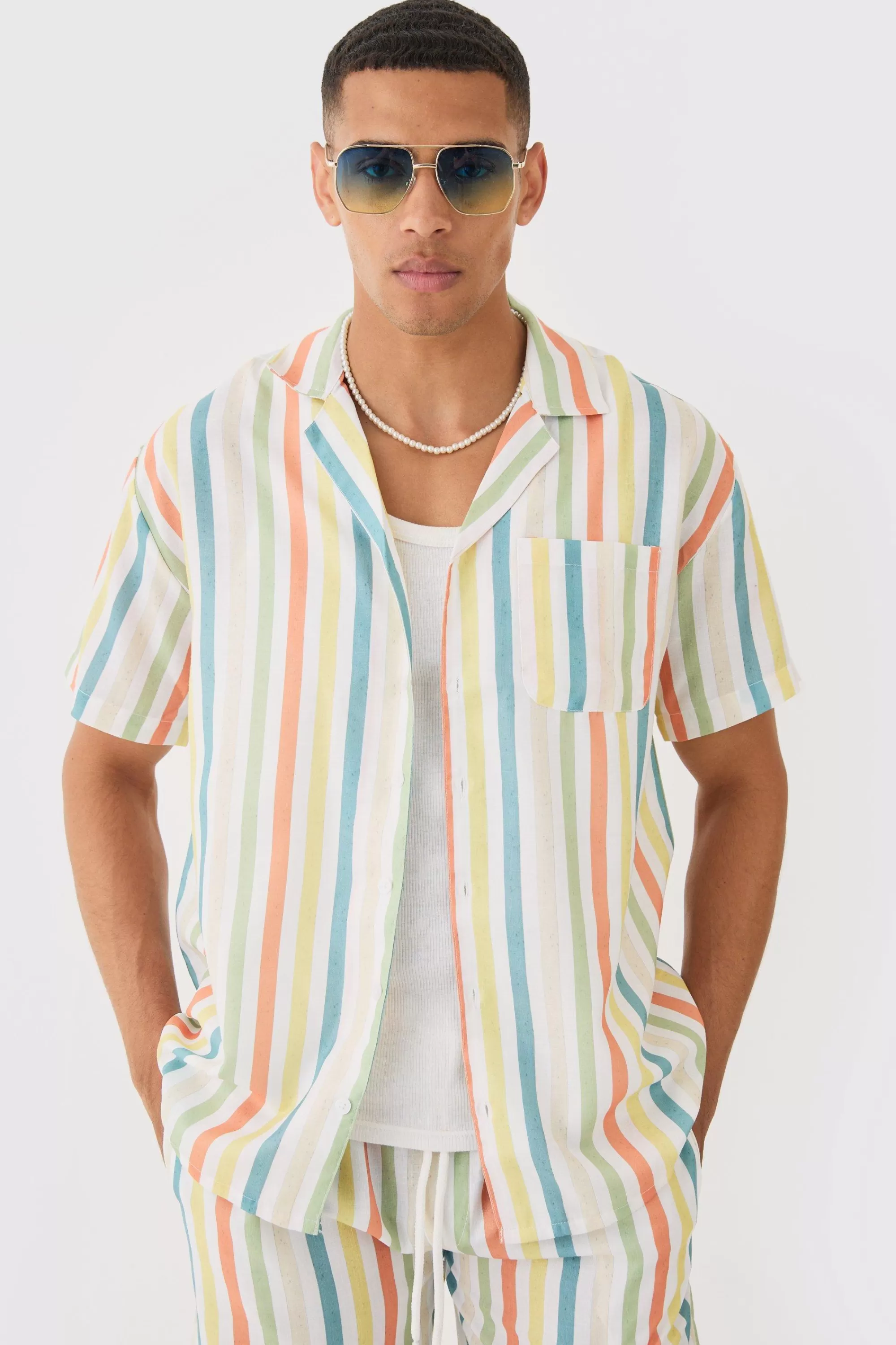 boohooMAN Short Sleeve Oversized Revere Stripe Set | UK