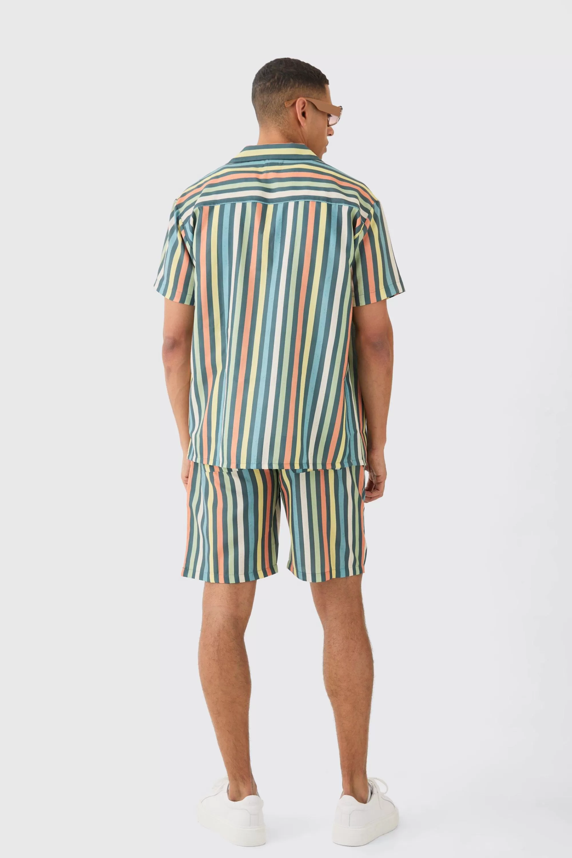 boohooMAN Short Sleeve Oversized Revere Stripe Set | UK