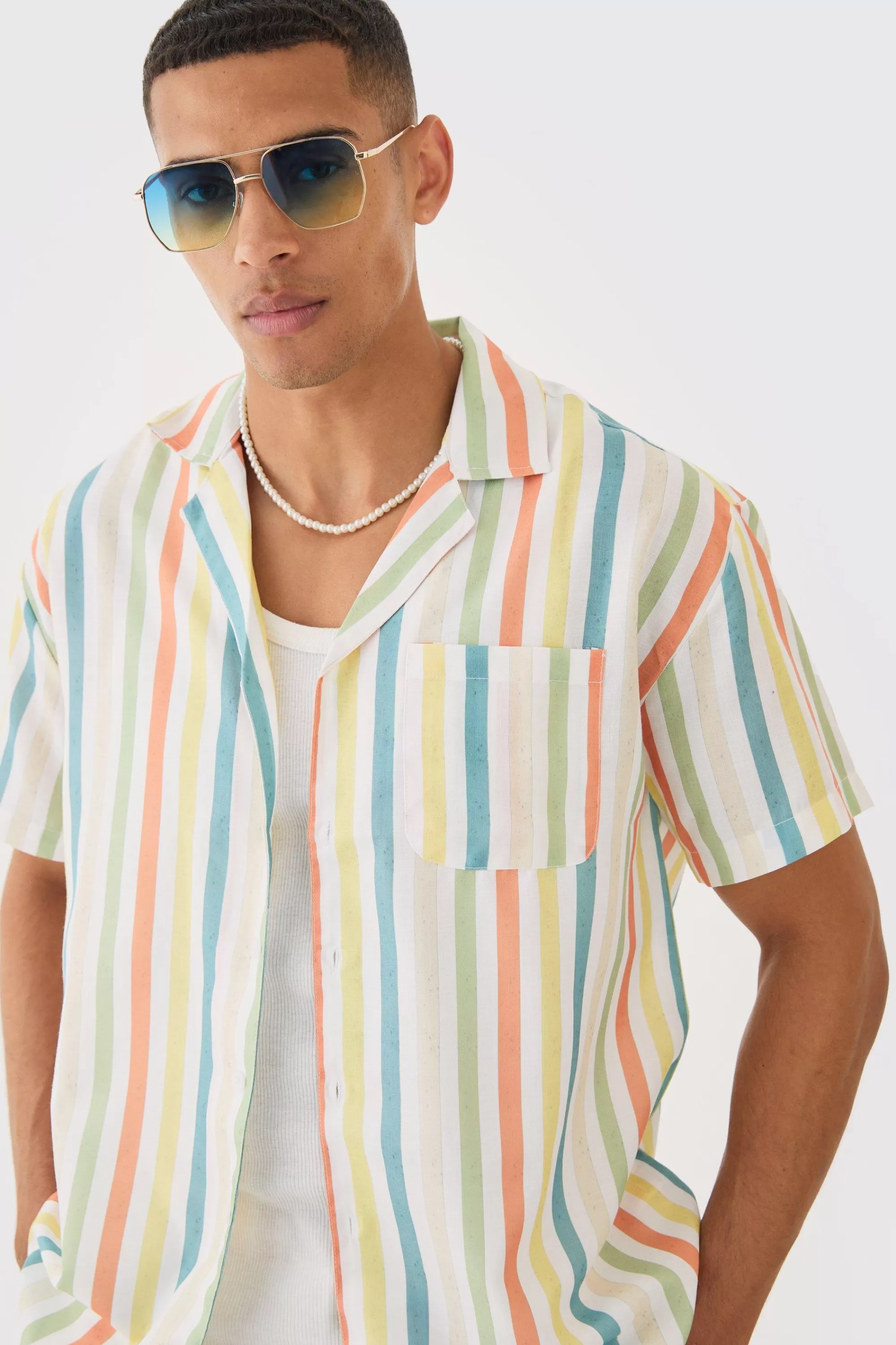 boohooMAN Short Sleeve Oversized Revere Stripe Set | UK