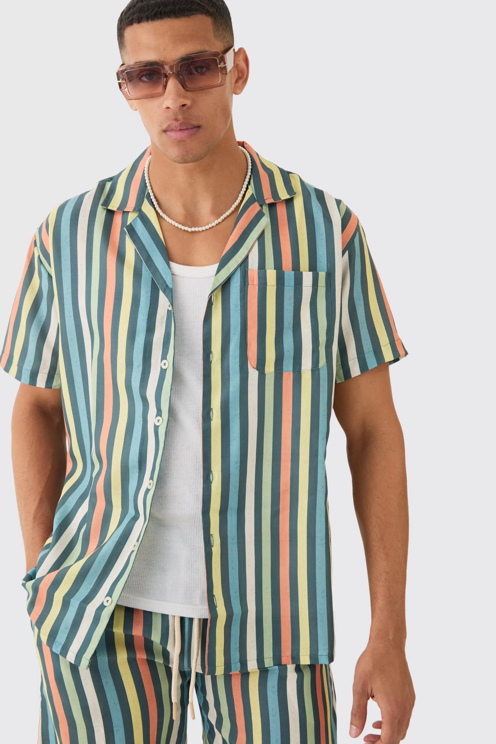 boohooMAN Short Sleeve Oversized Revere Stripe Shirt | UK