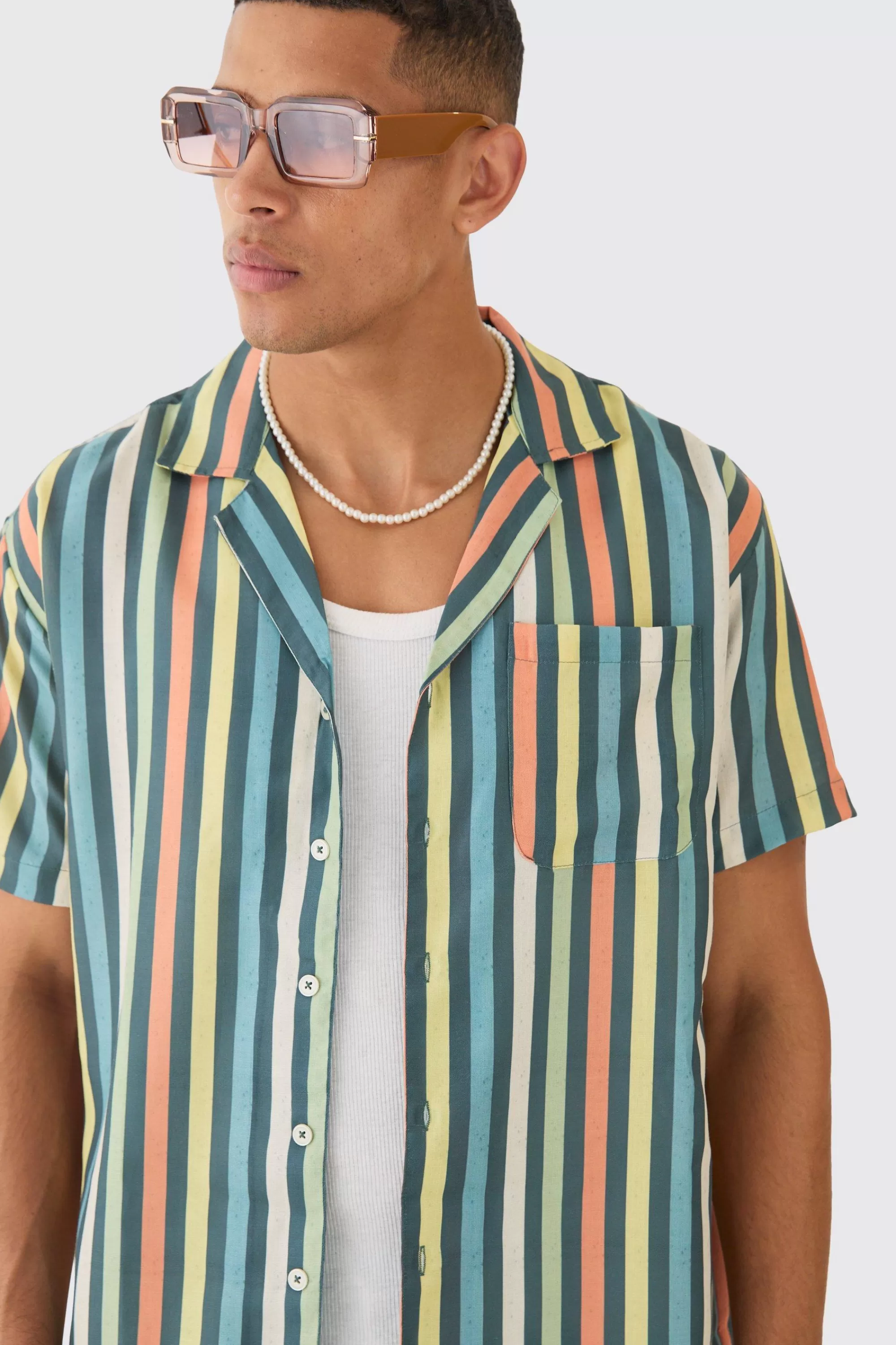 boohooMAN Short Sleeve Oversized Revere Stripe Shirt | UK