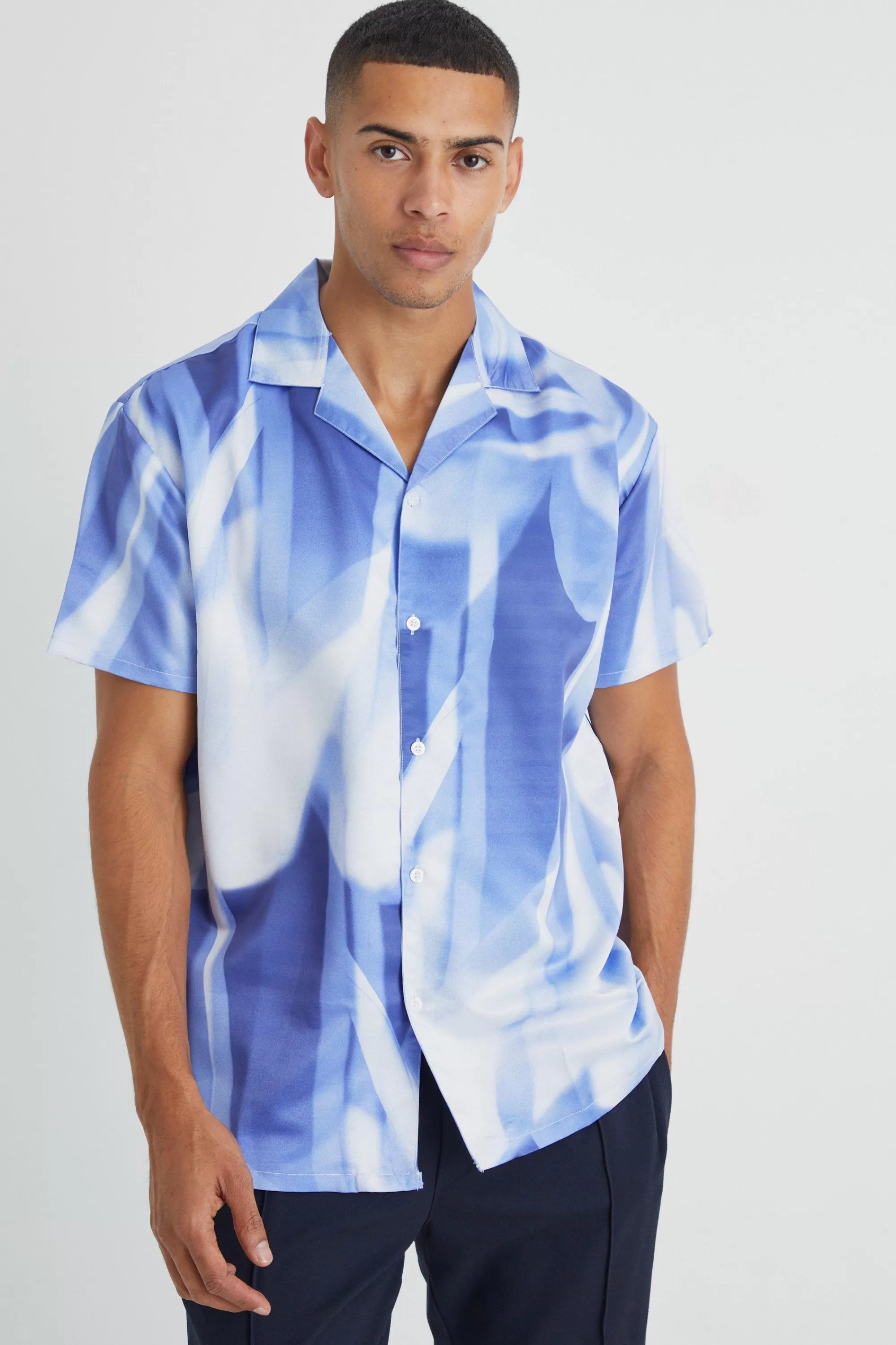 boohooMAN Short Sleeve Oversized Satin Abstract Shirt | UK