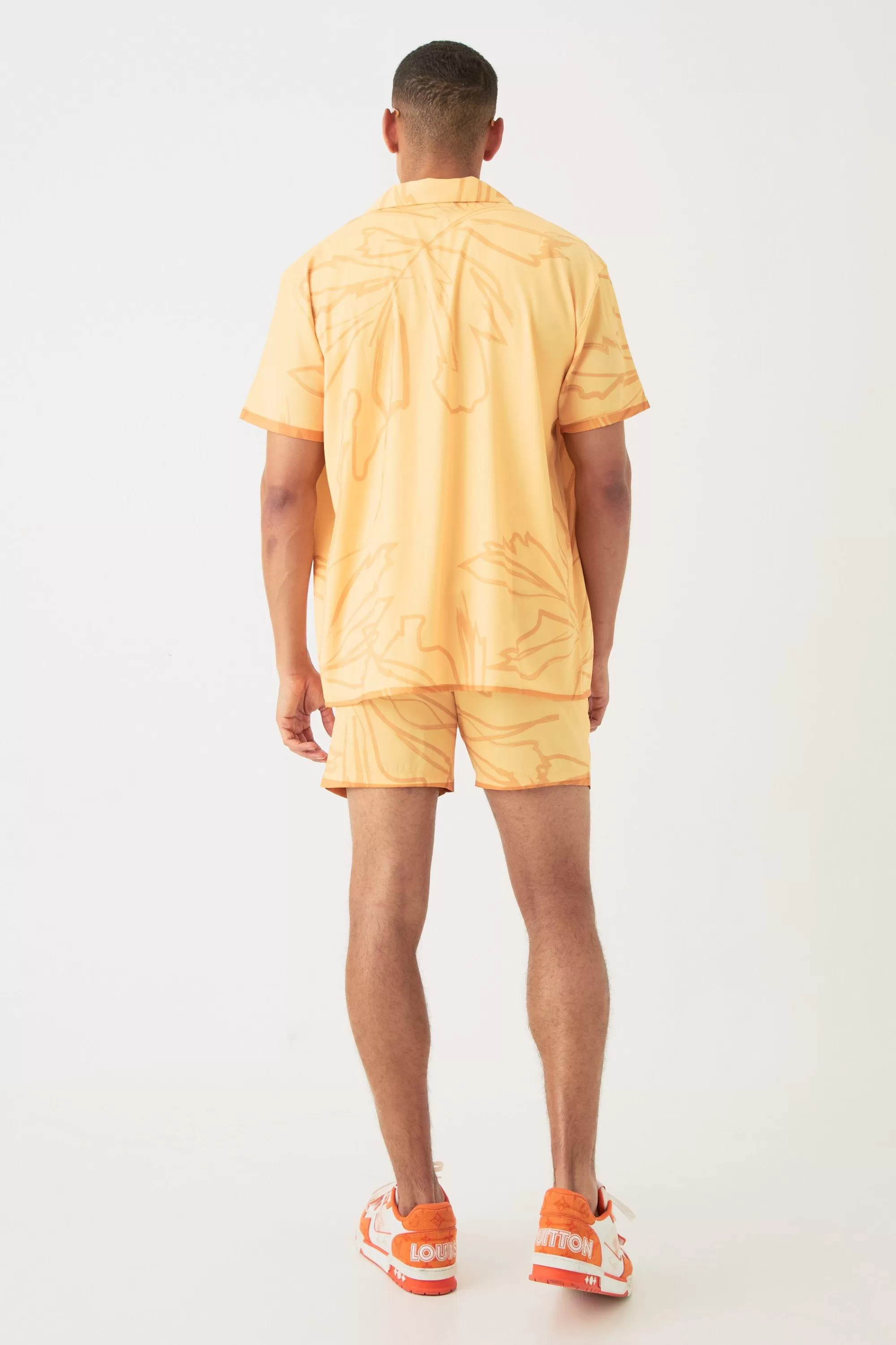 boohooMAN Short Sleeve Oversized Satin Tonal Palm Shirt & Short | UK