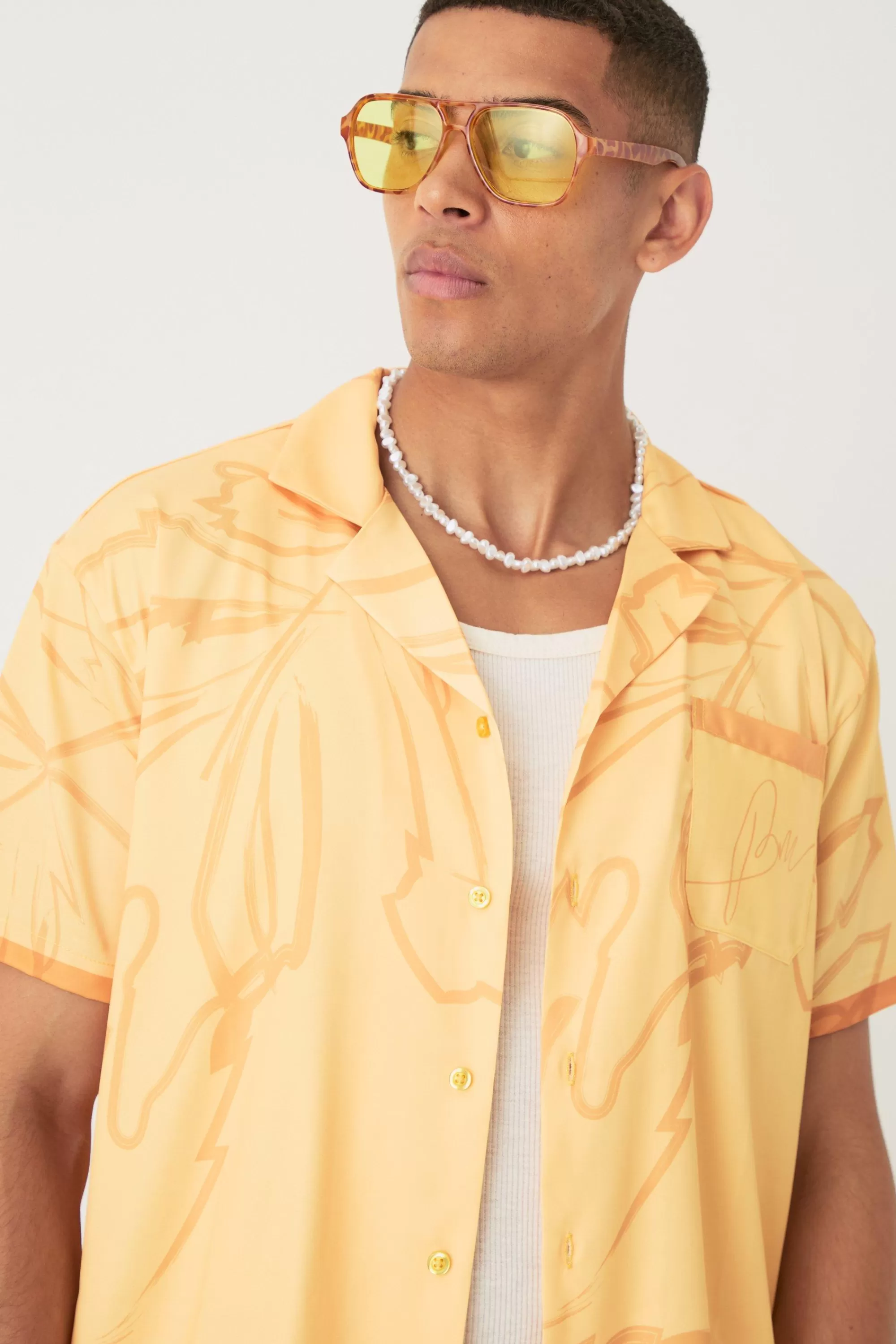 boohooMAN Short Sleeve Oversized Satin Tonal Palm Shirt & Short | UK