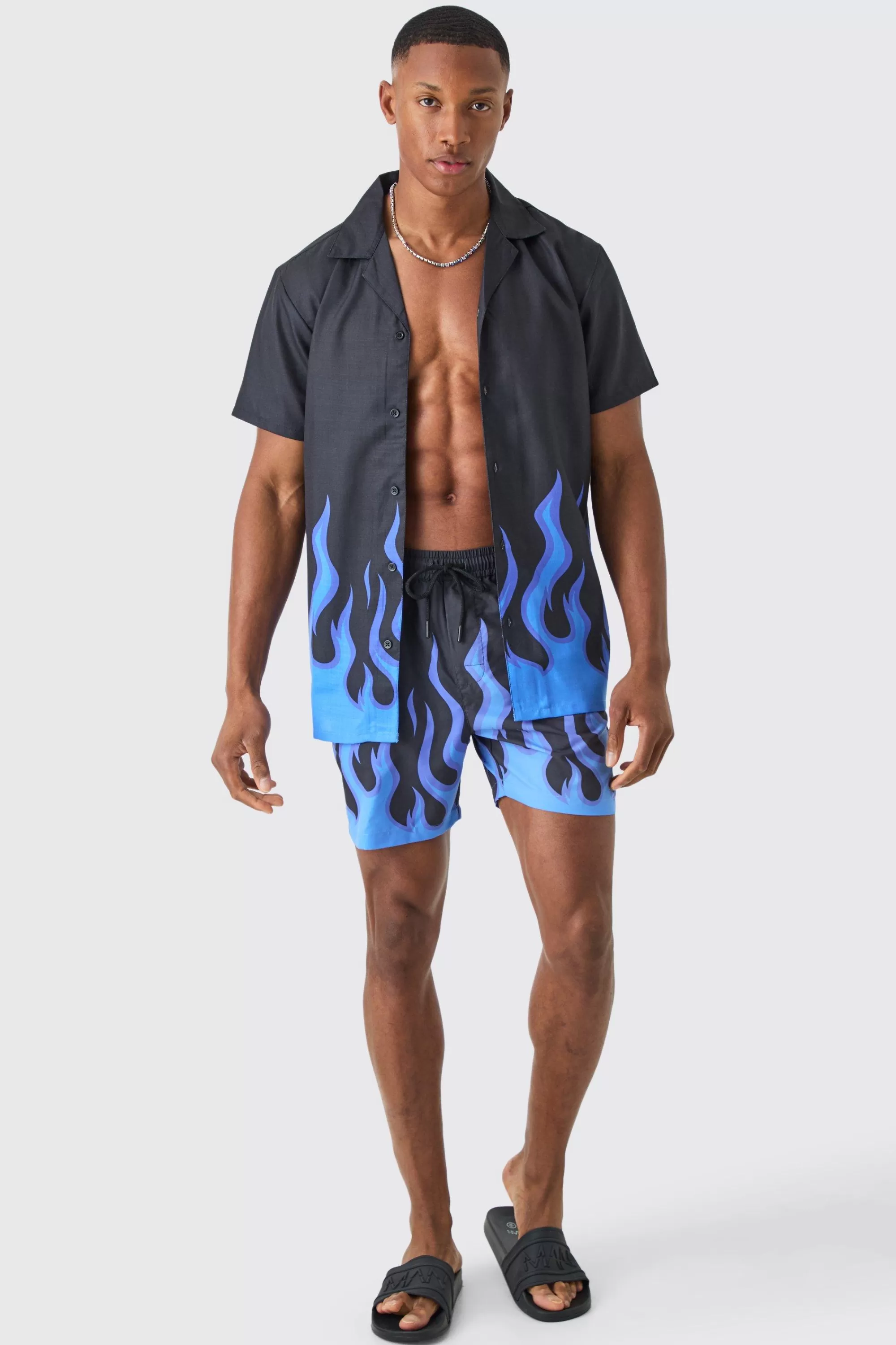 boohooMAN Short Sleeve Printed Flame Shirt & Swim Set | UK
