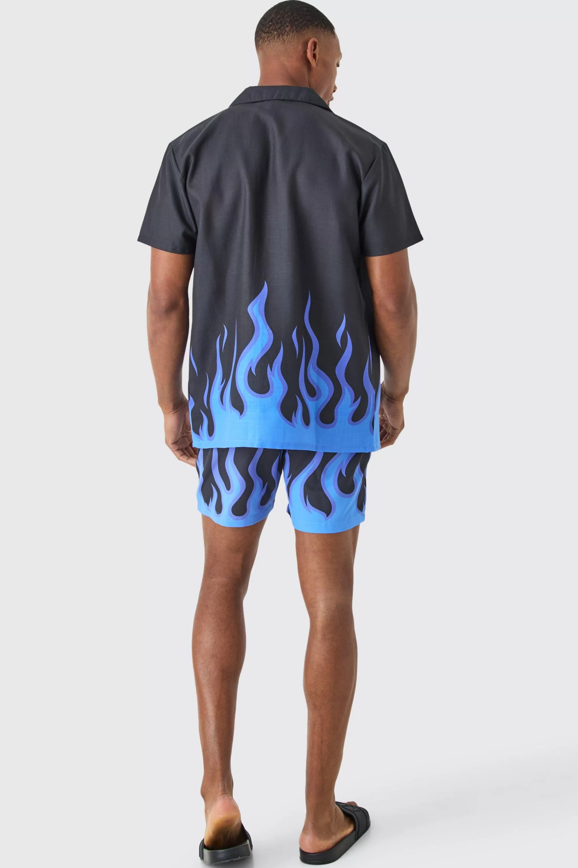 boohooMAN Short Sleeve Printed Flame Shirt & Swim Set | UK