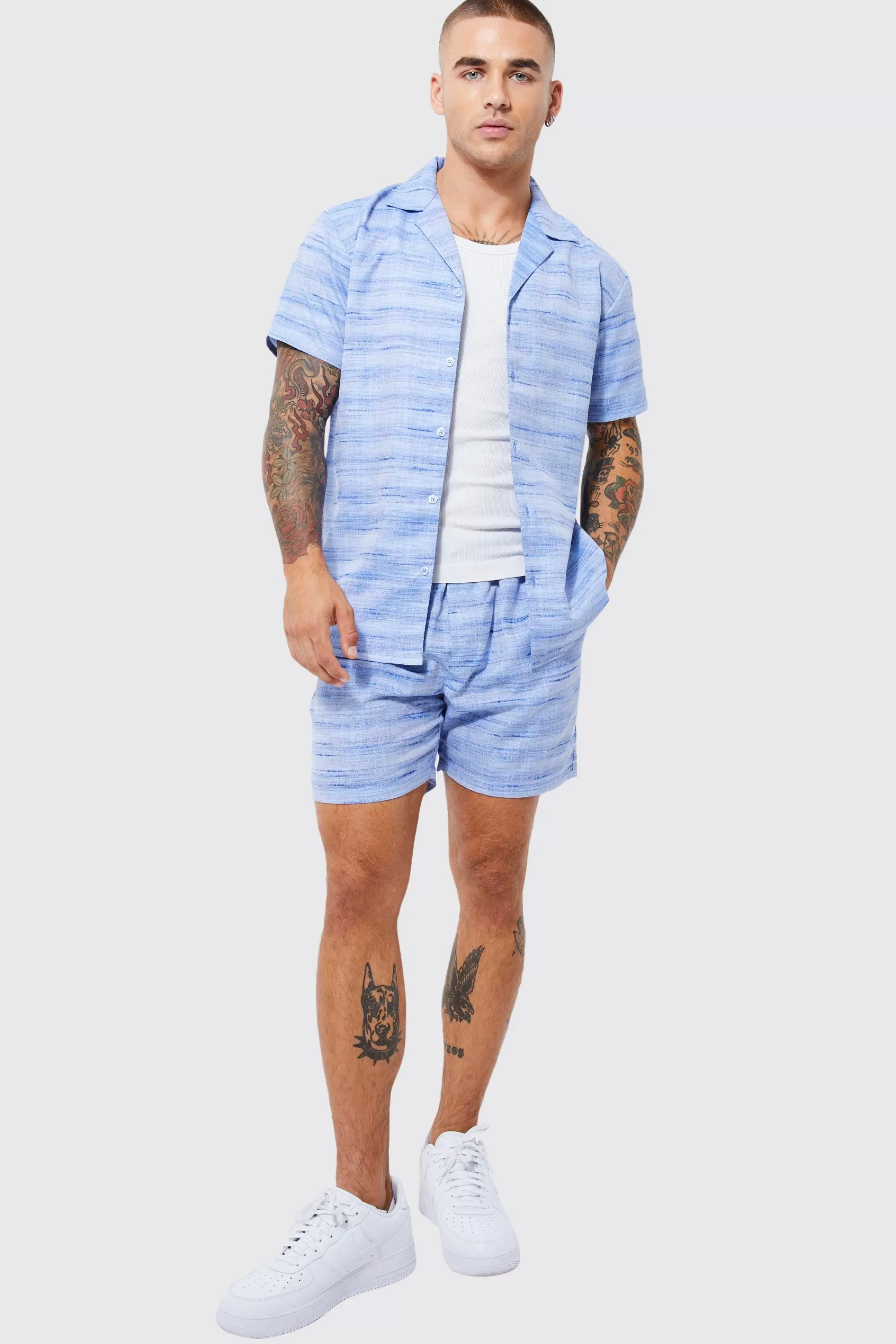 boohooMAN Short Sleeve Regular Slub Linen Look Shirt And Short | UK