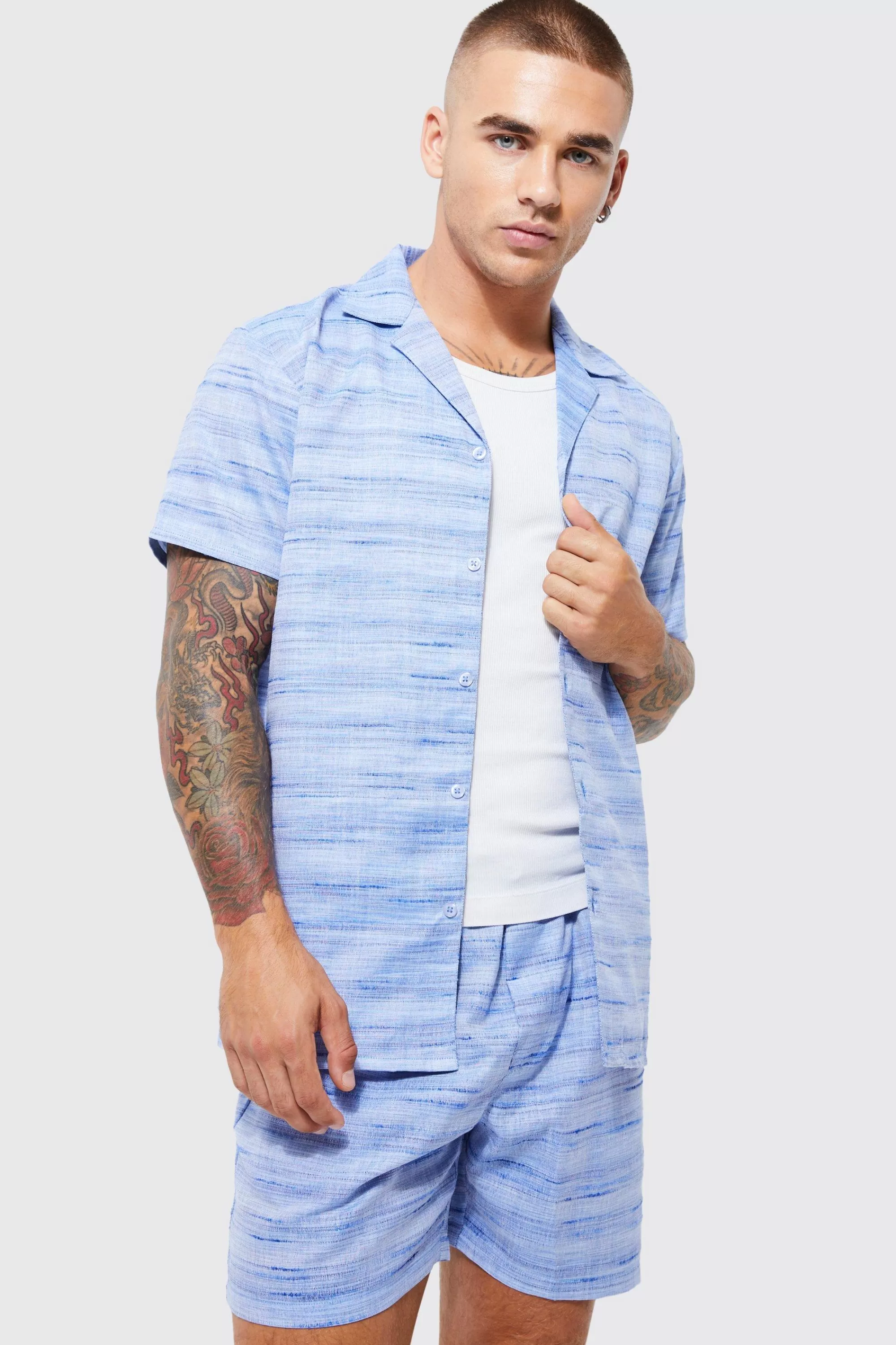 boohooMAN Short Sleeve Regular Slub Linen Look Shirt And Short | UK
