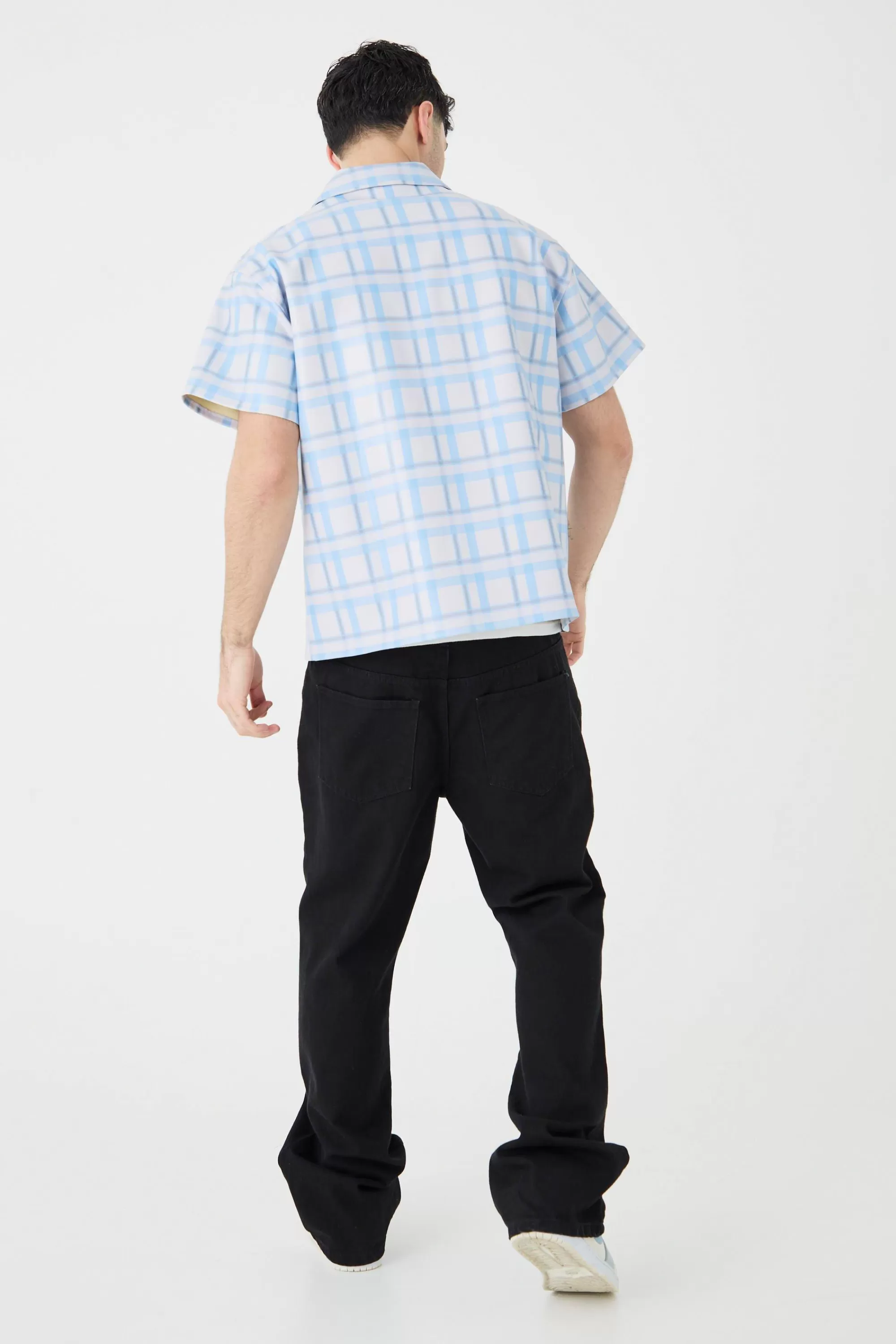 boohooMAN Short Sleeve Revere Boxy Check Pu Shirt | UK