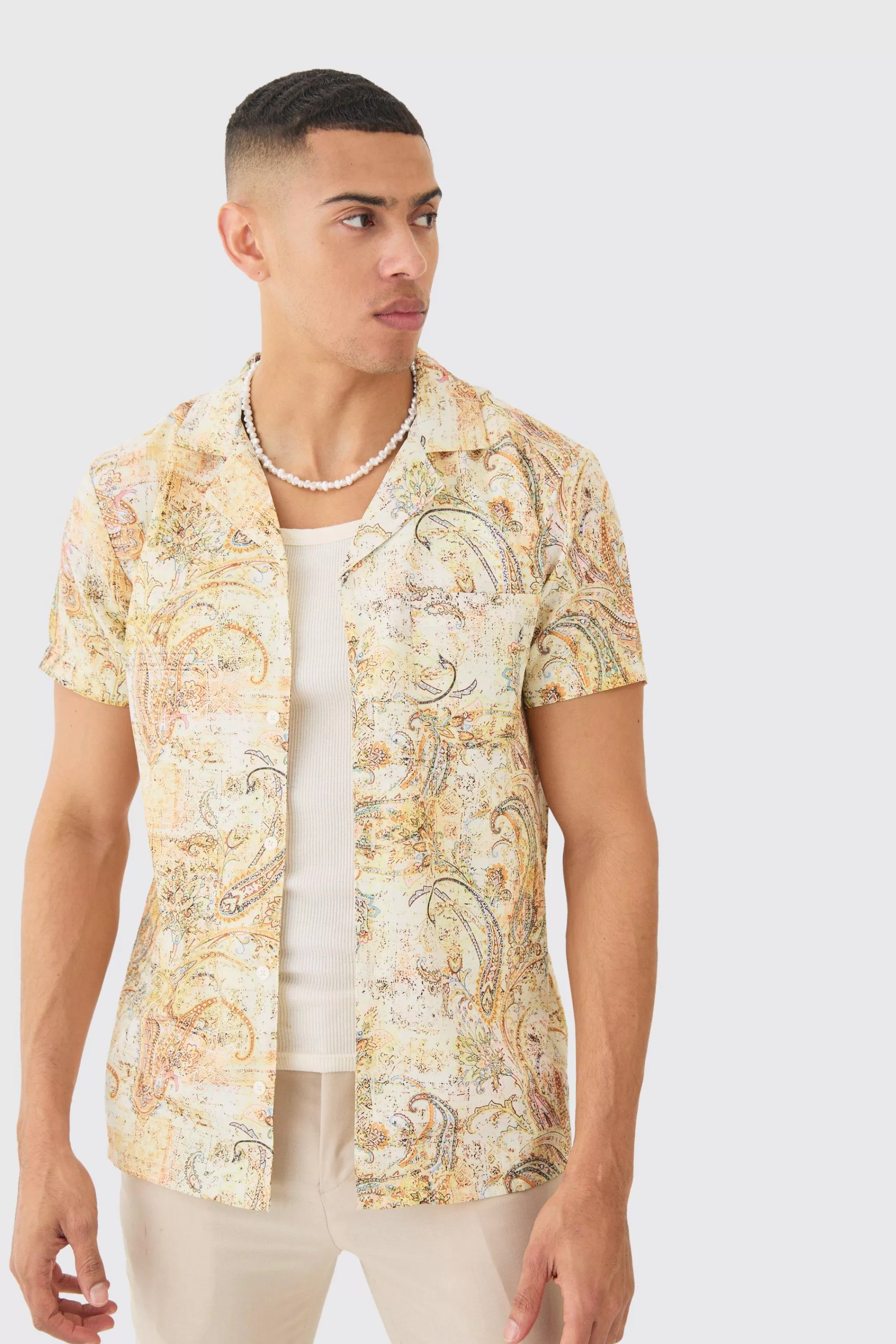 boohooMAN Short Sleeve Revere Linen Look Tapestry Print Shirt | UK