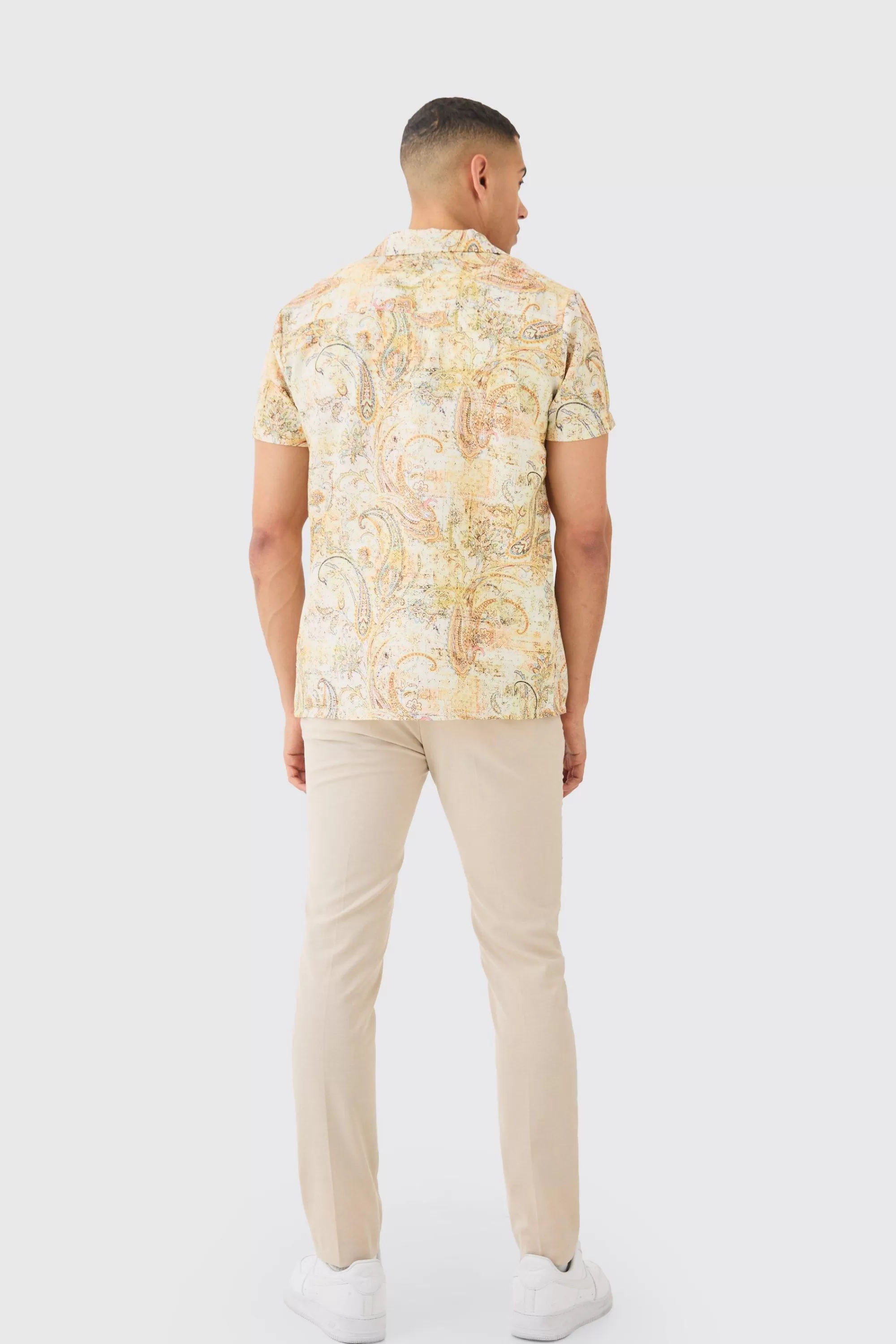 boohooMAN Short Sleeve Revere Linen Look Tapestry Print Shirt | UK