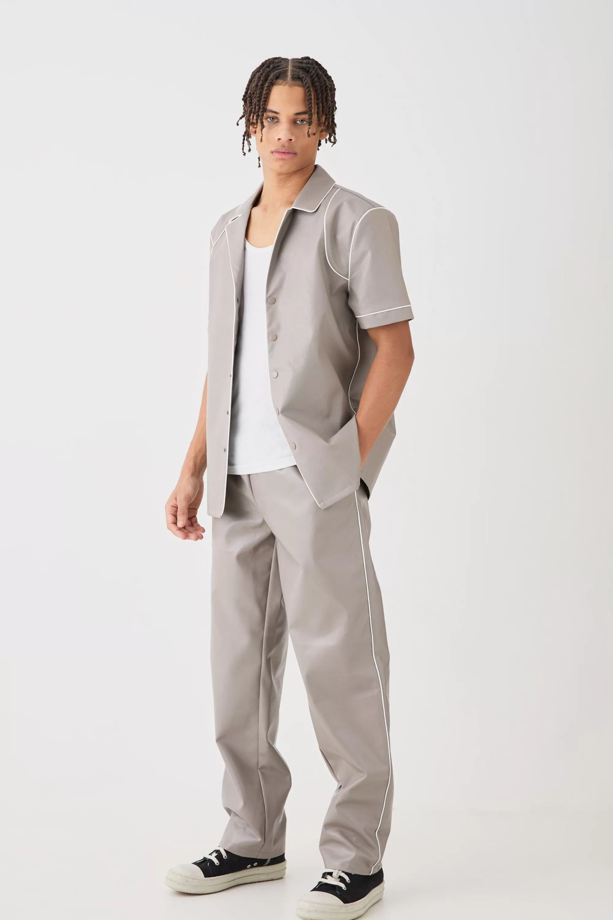 boohooMAN Short Sleeve Revere Piped Pu Shirt & Trouser Set | UK