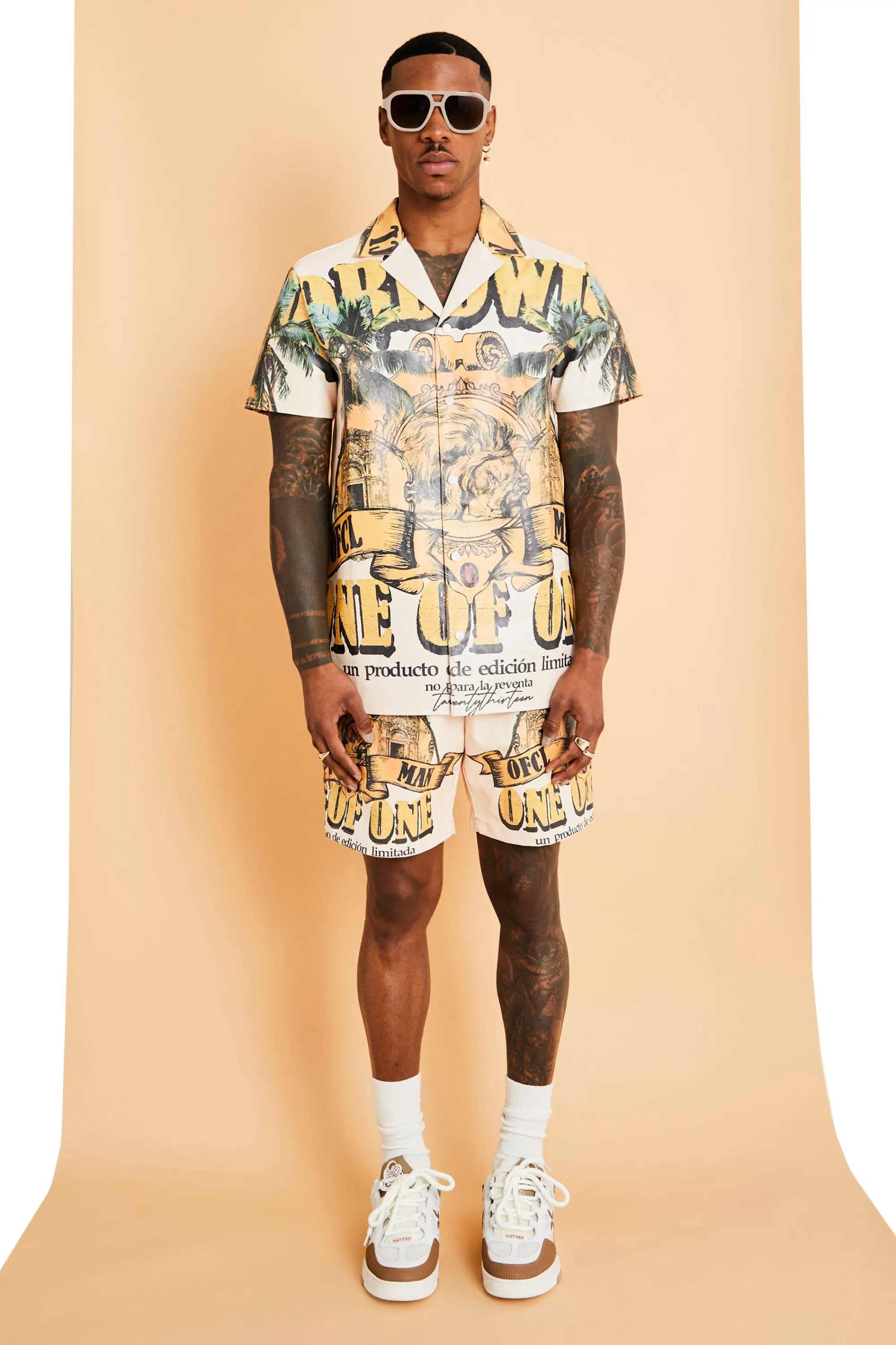 boohooMAN Short Sleeve Revere Pu Graphic Shirt & Short Set | UK
