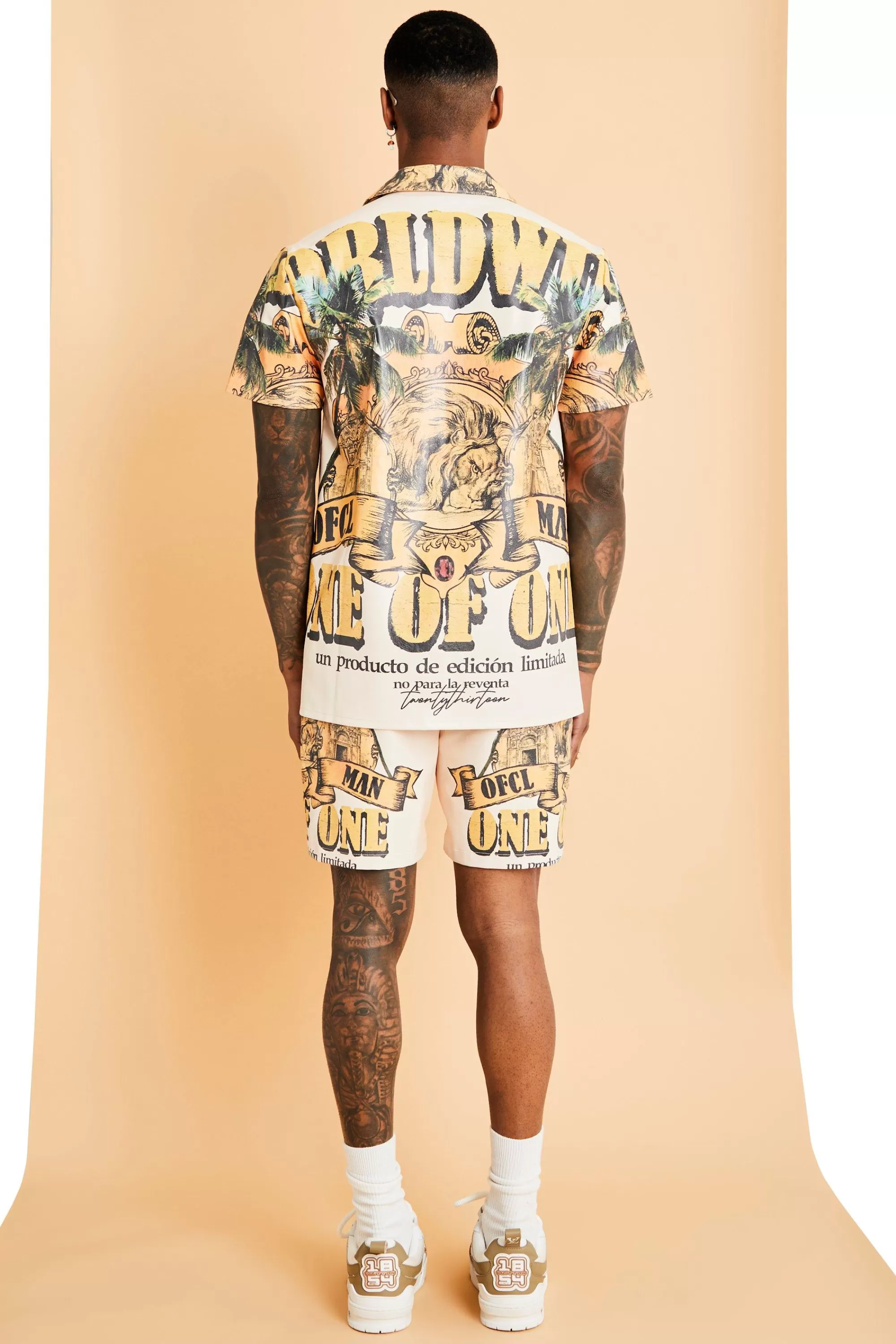 boohooMAN Short Sleeve Revere Pu Graphic Shirt & Short Set | UK