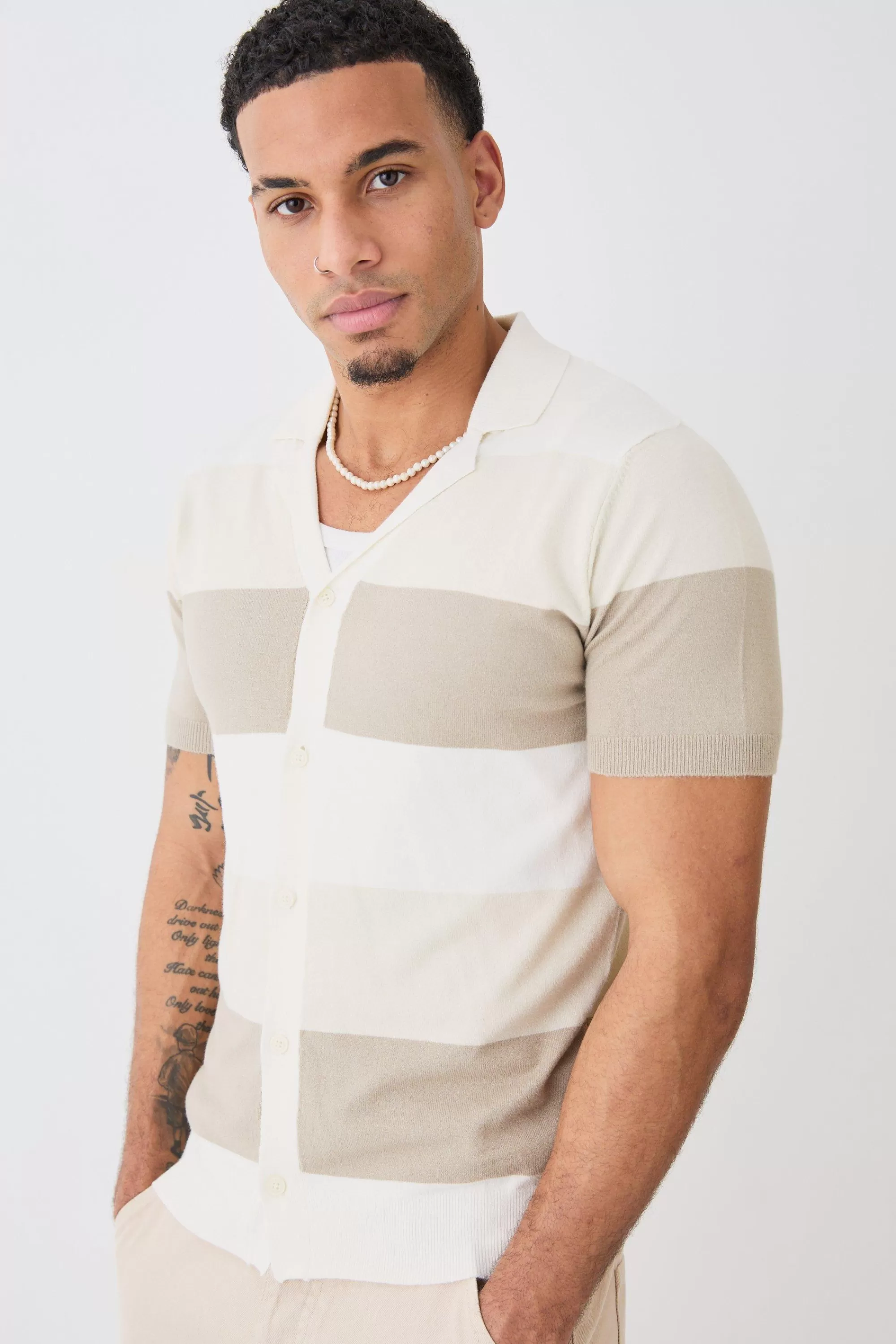 boohooMAN Short Sleeve Revere Stripe Knitted Shirt | UK
