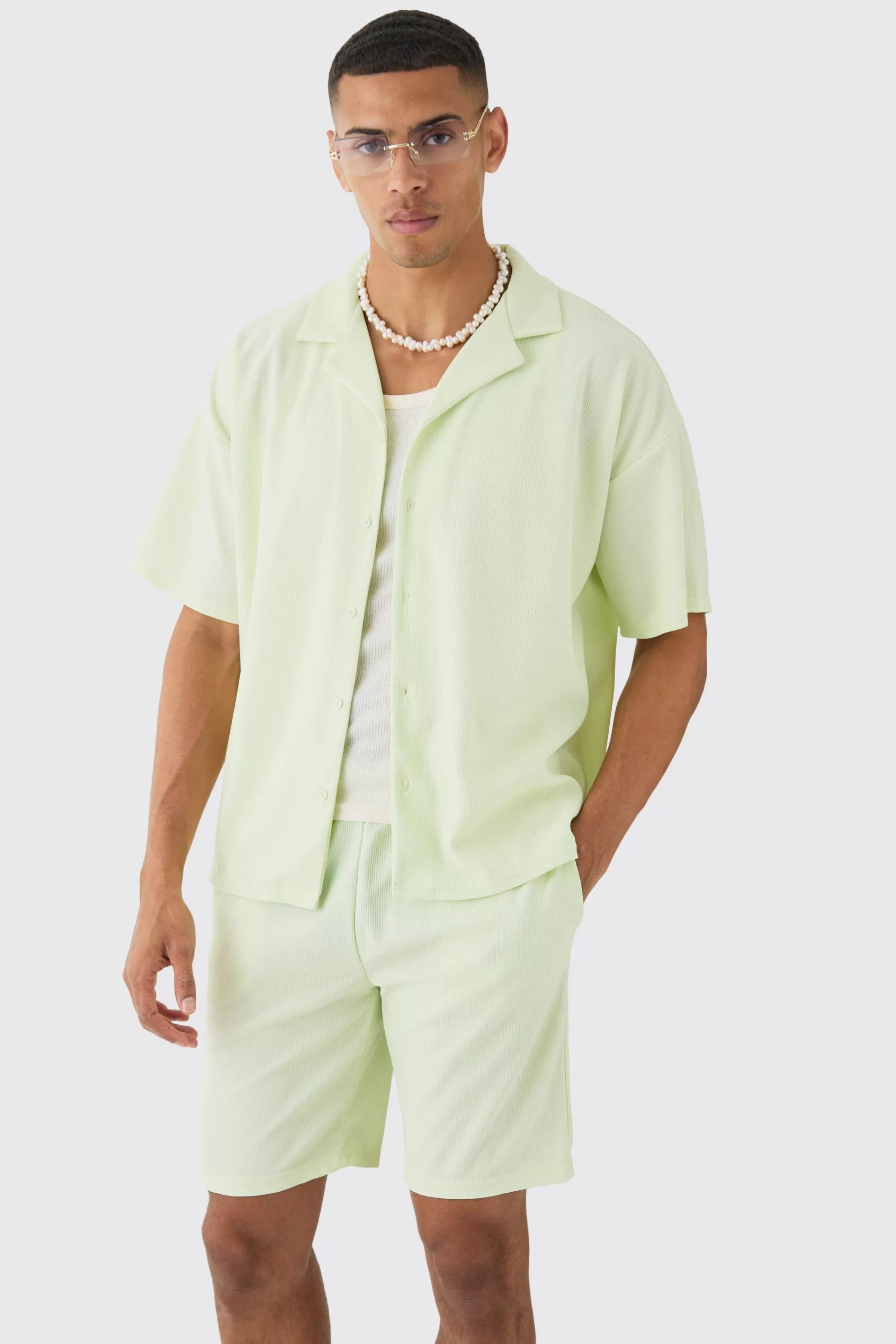 boohooMAN Short Sleeve Ribbed Boxy Shirt & Short Set | UK
