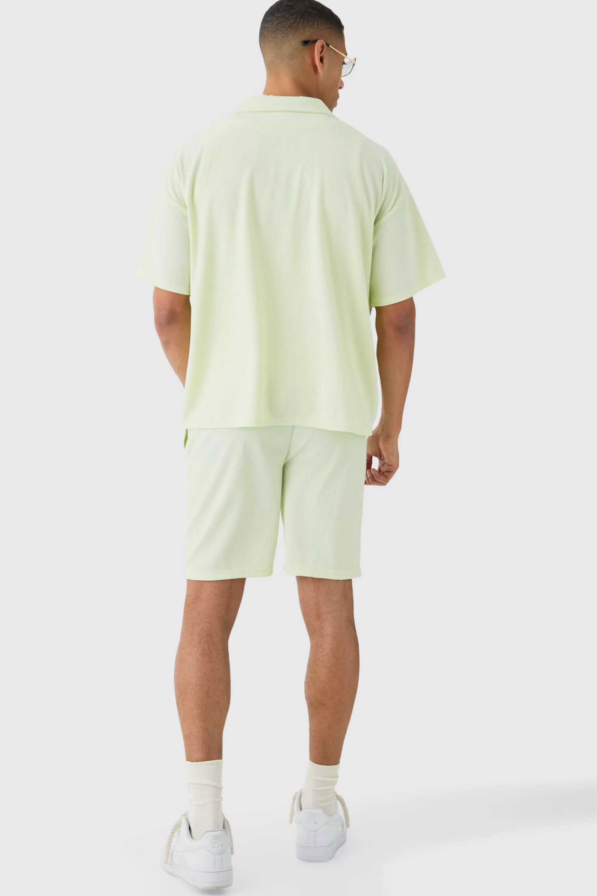 boohooMAN Short Sleeve Ribbed Boxy Shirt & Short Set | UK